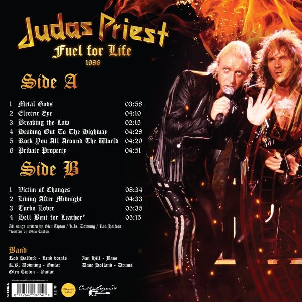 A Judas Priest Fuel for Life albumjának borítója. A zenekar tagjait, a dallaslistát és az album részleteit tartalmazza.