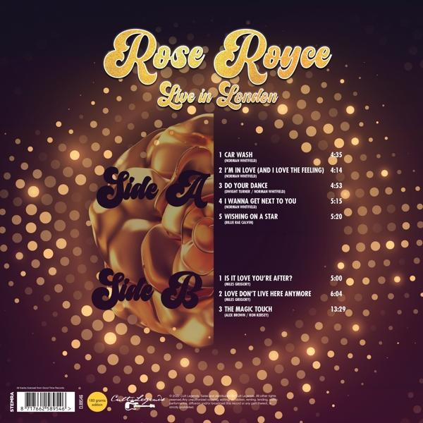 Album borító, Rose Royce Live in London, arany szöveg, A és B oldal jelölve, arany háttérrel.