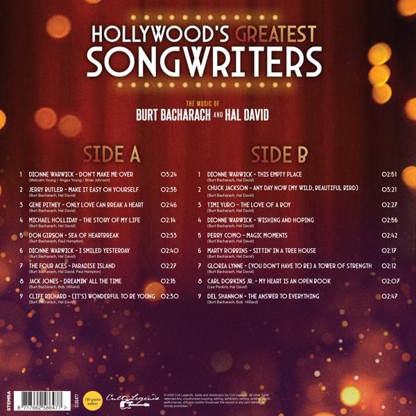 Egy album borító, amely Hollywood legnagyobb dalszerzőinek dalait sorolja fel. Az A és B oldal látható.