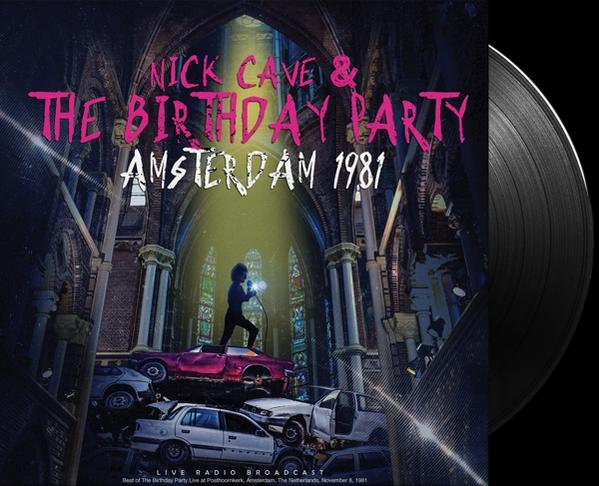 Album borító: Nick Cave & The Birthday Party. Fekete bakelit lemez a borító mellett.