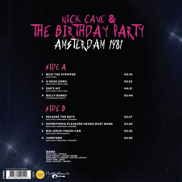 Album borítója a Nick Cave & The Birthday Party, Amsterdam 1981 számlistájával, fekete és rózsaszín szöveg.