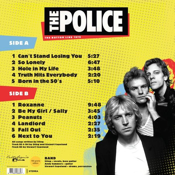 A Police album borítója. A zenekar tagjai az album jobb oldalán. Sárga hátt ér, dallasor.