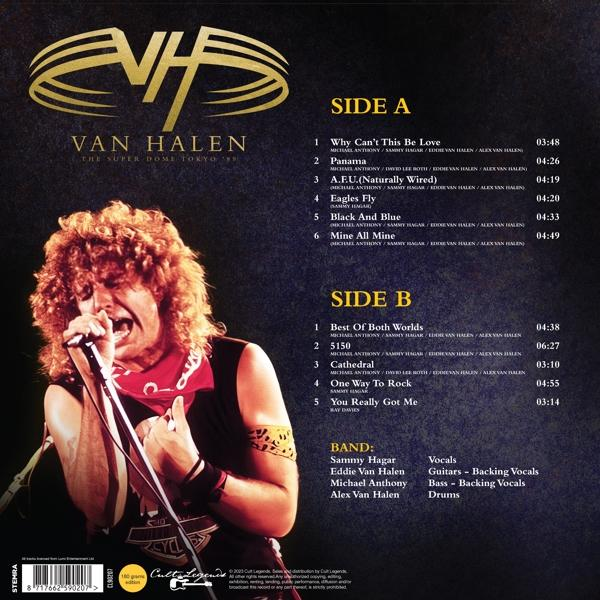 Van Halen album borítója. Egy göndör hajú férfi mikrofonba énekel. Számlista.