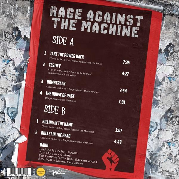 A Rage Against the Machine album borítója. A számlistát, a zenekar infóit és egy ököl logót tartalmaz.