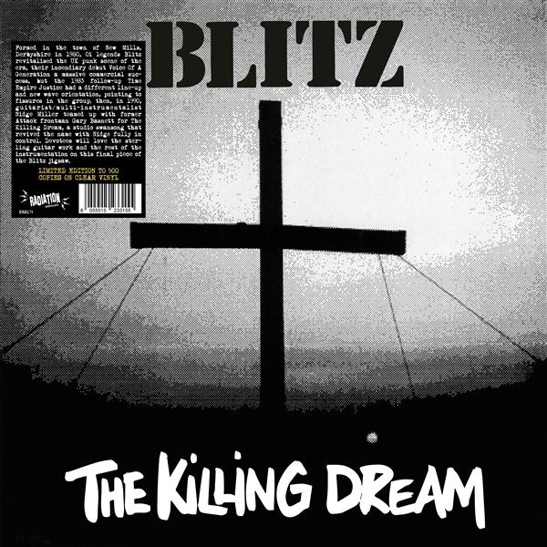 Fekete-fehér bakelit keresztel. Felül a BLITZ szó, alul a THE KILLING DREAM.