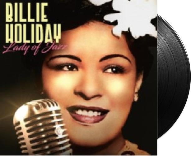 Billie Holiday album borítója. Az arca. Mikrofon. Fekete bakelit lemez jobbra.
