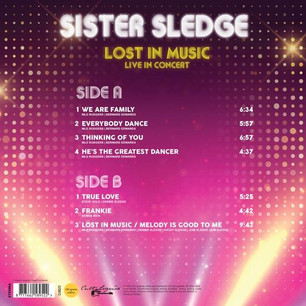 A Sister Sledge 'Lost in Music' vinyl lemez hátoldala, a számlistával.