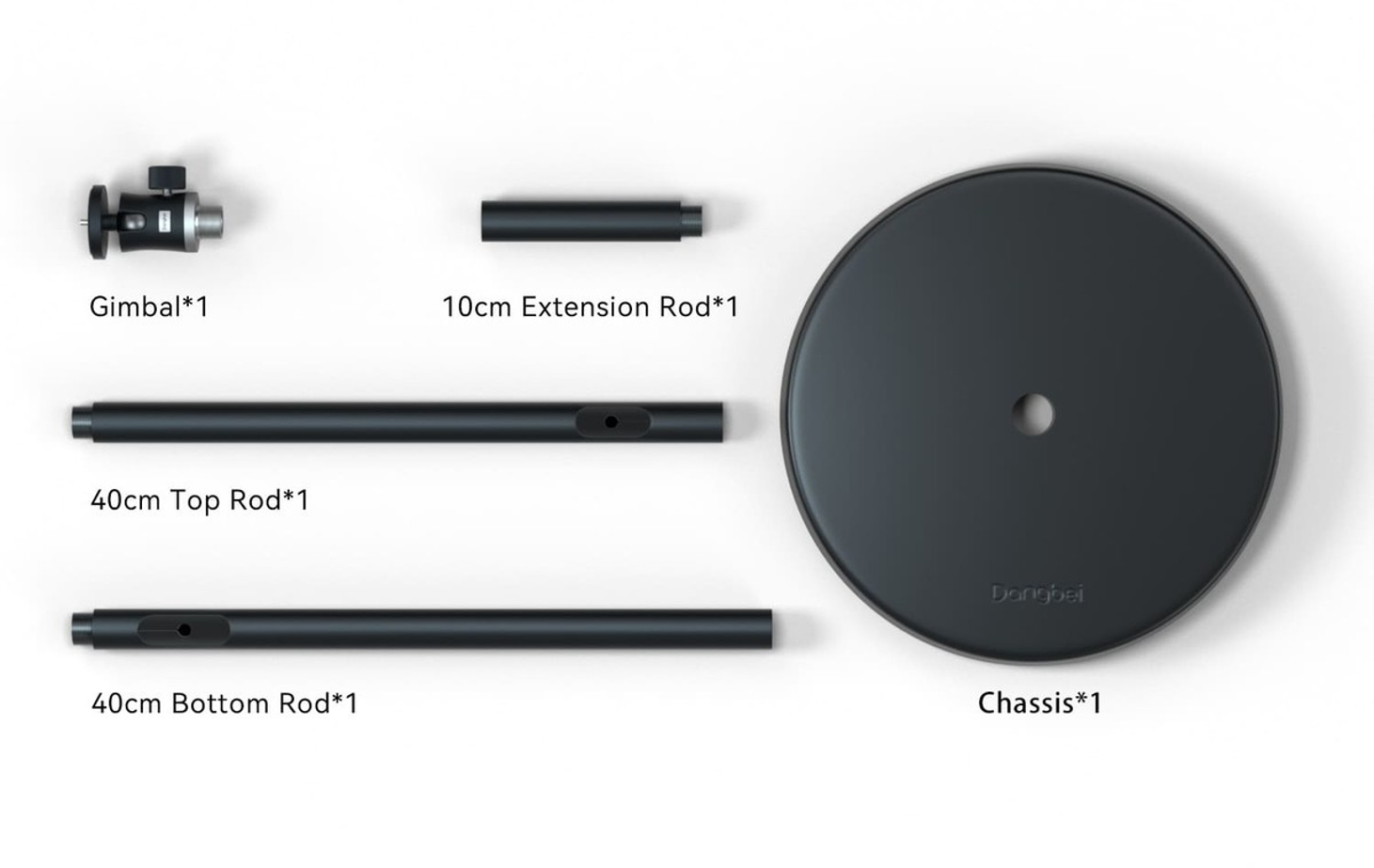 Komponenten für einen Kameraständer, angeordnet: Gimbal, 10cm Verlängerungsstange, 40cm obere Stange, 40cm untere Stange und Chassis.