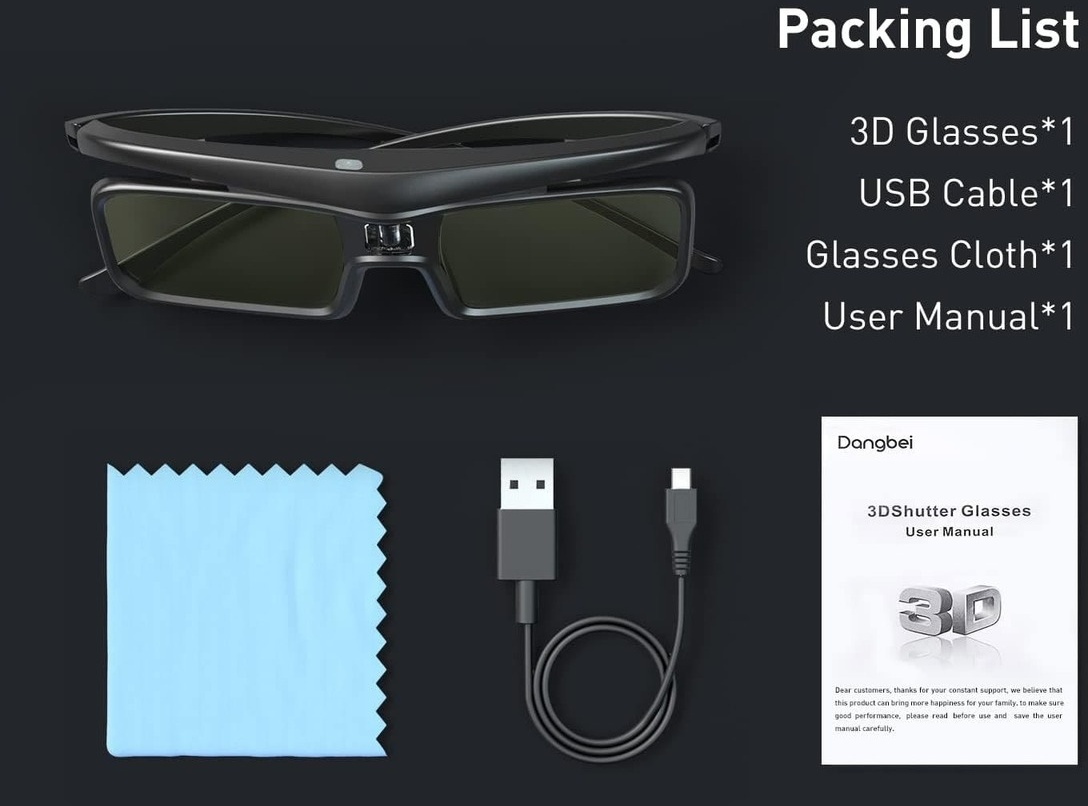 Packliste: 3D-Brille, USB-Kabel, Brillenputztuch und Benutzerhandbuch, alles auf schwarzem Untergrund.