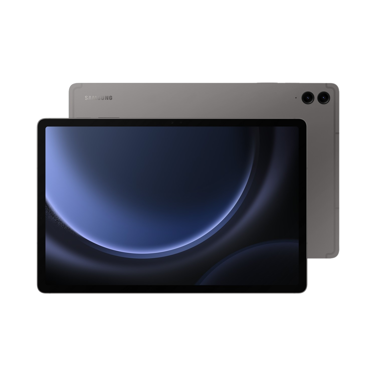Twee tablets, grijze achterkant, één met blauw ontwerp op scherm. Zwarte achtergrond.