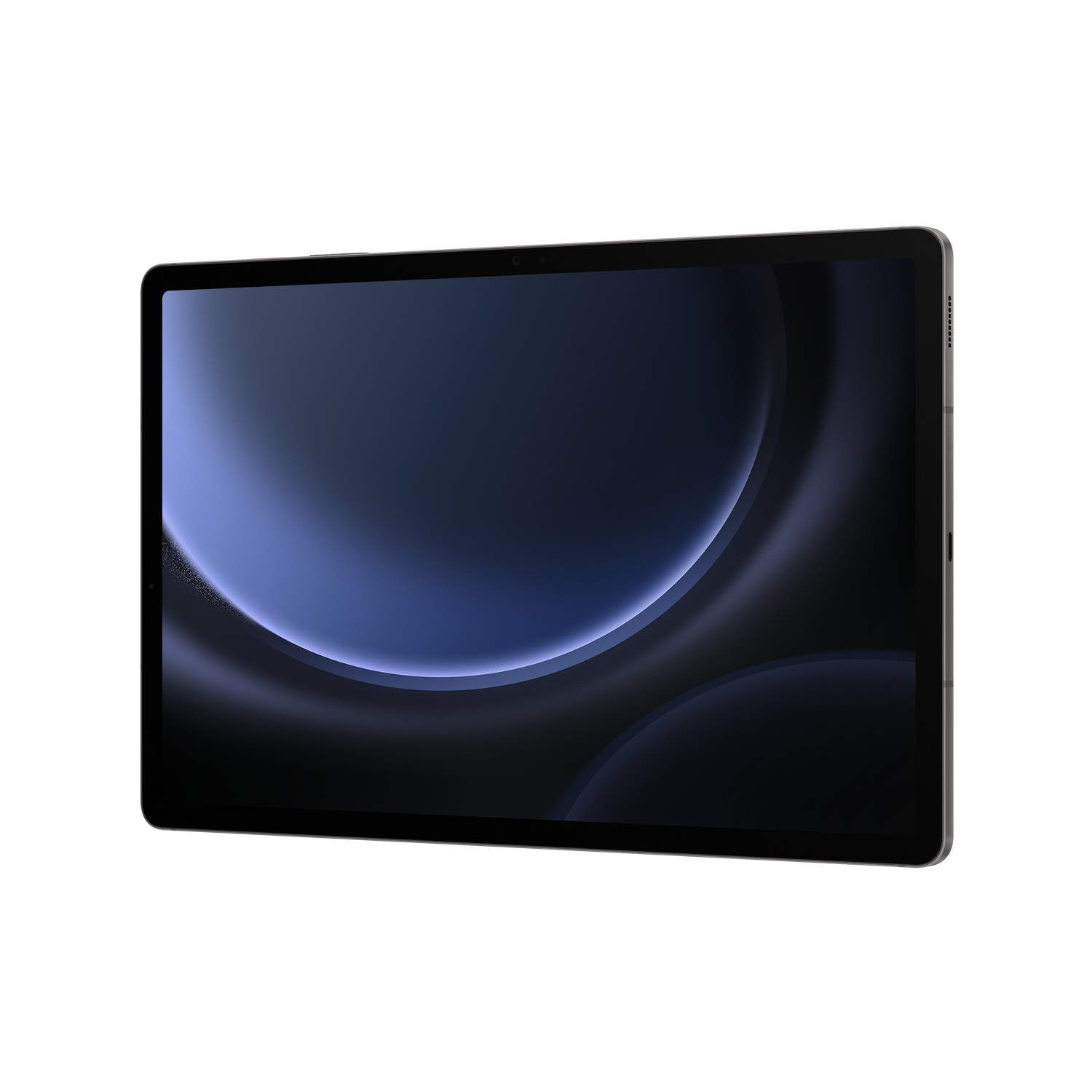 Een zwarte tablet met een scherm met een donkerblauwe en paarse gradiënt. De tablet is schuin.