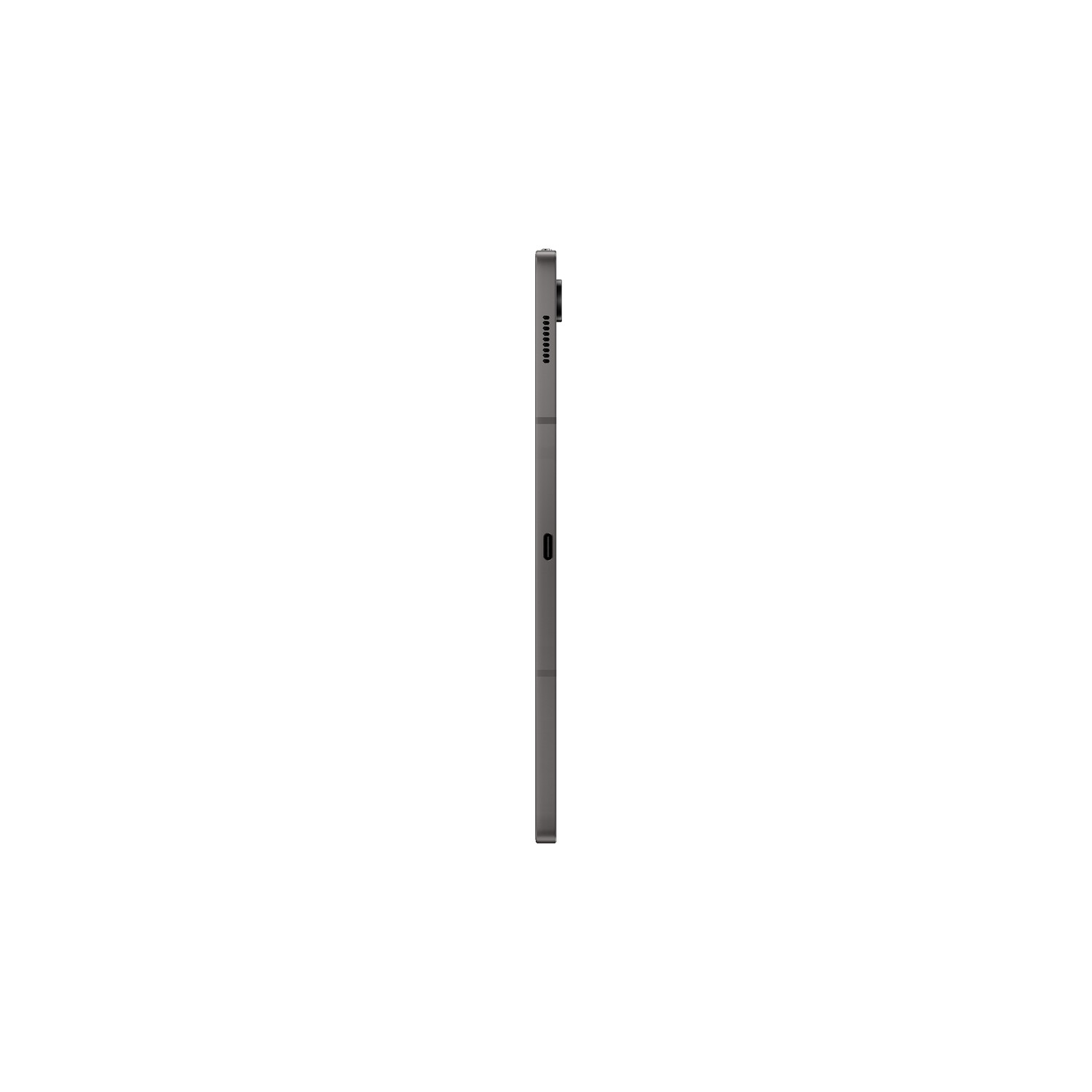 Zijaanzicht van een grijze tablet op witte achtergrond. Minimalistische compositie.