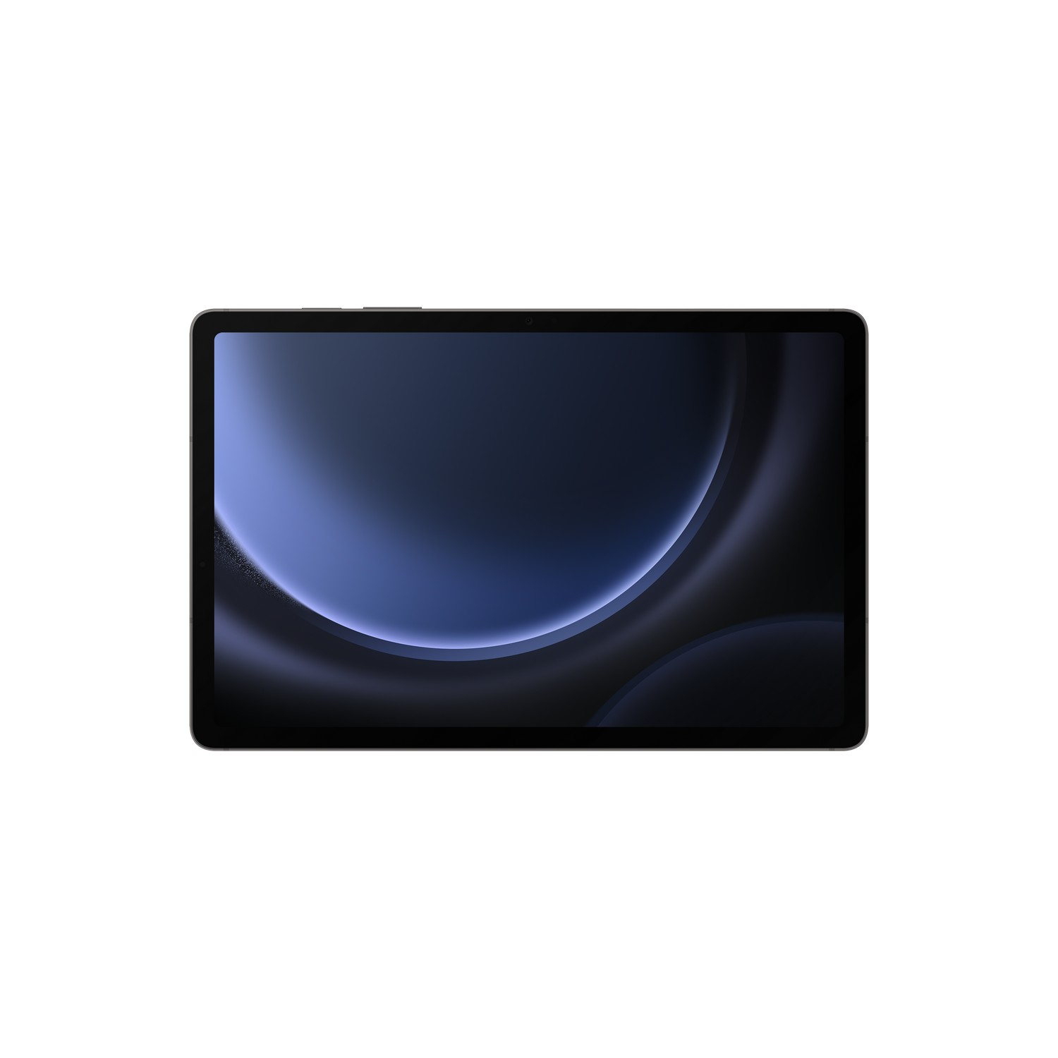 Tablette, écran noir. Fond blanc. Design minimaliste. Fond abstrait bleu foncé.