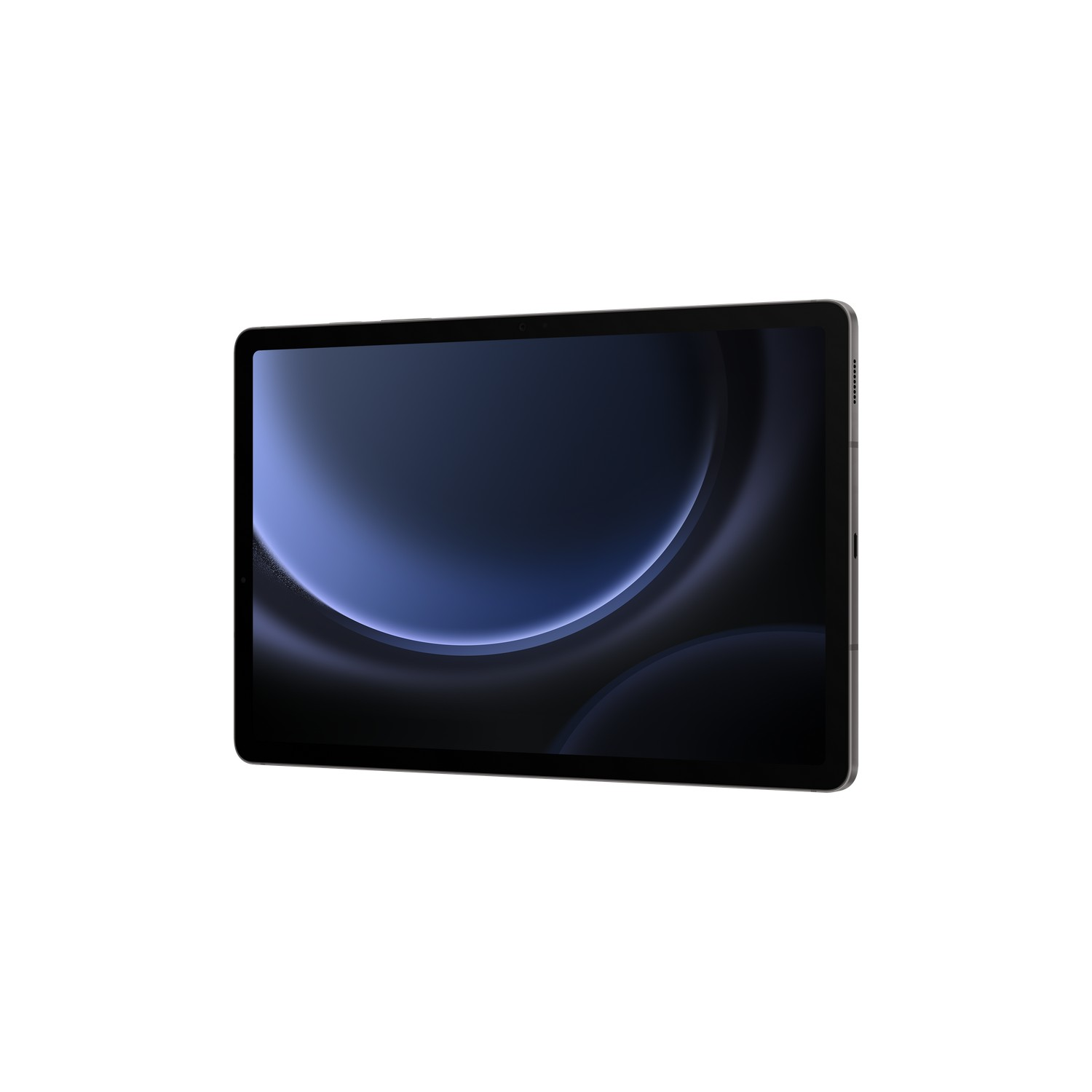 Écran de tablette affichant un design abstrait bleu foncé et blanc, sur fond blanc.