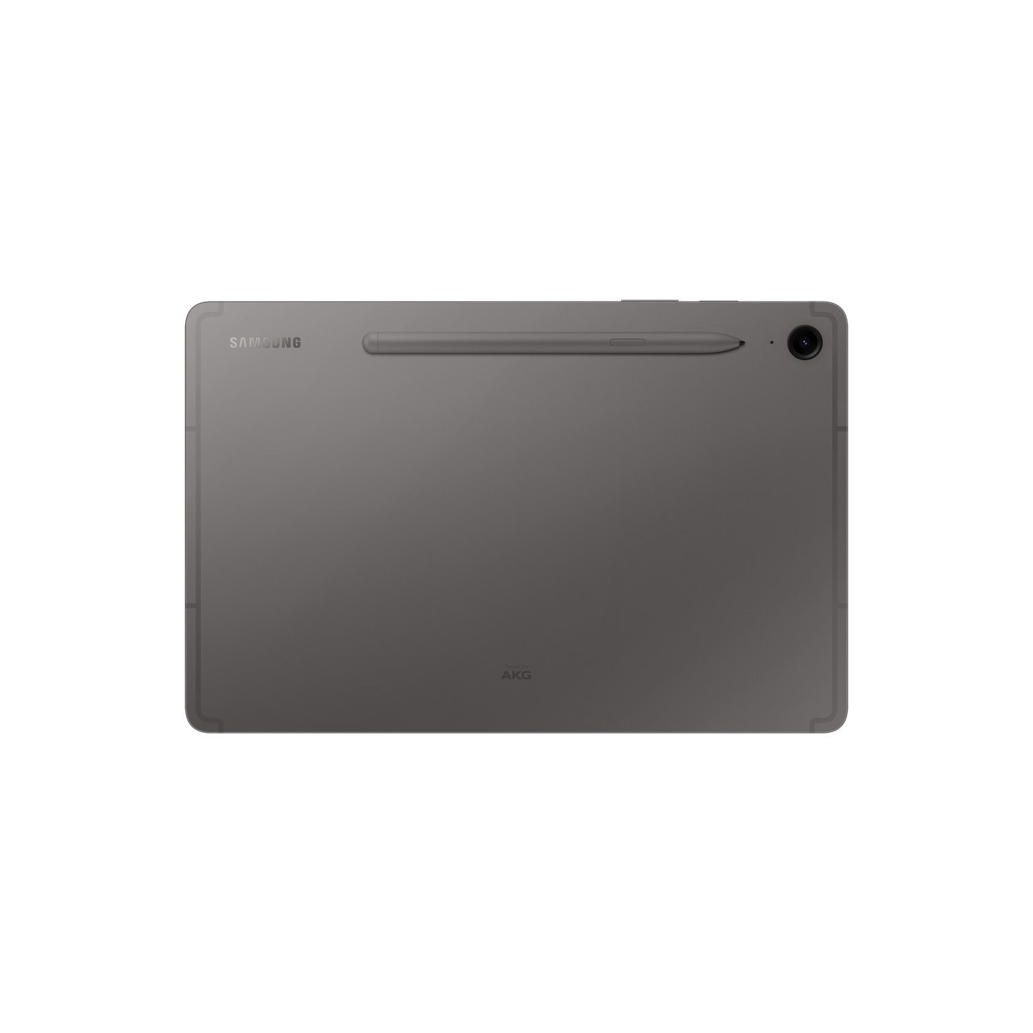 Dos d'une tablette grise avec un stylet, une caméra et les logos Samsung et AKG.