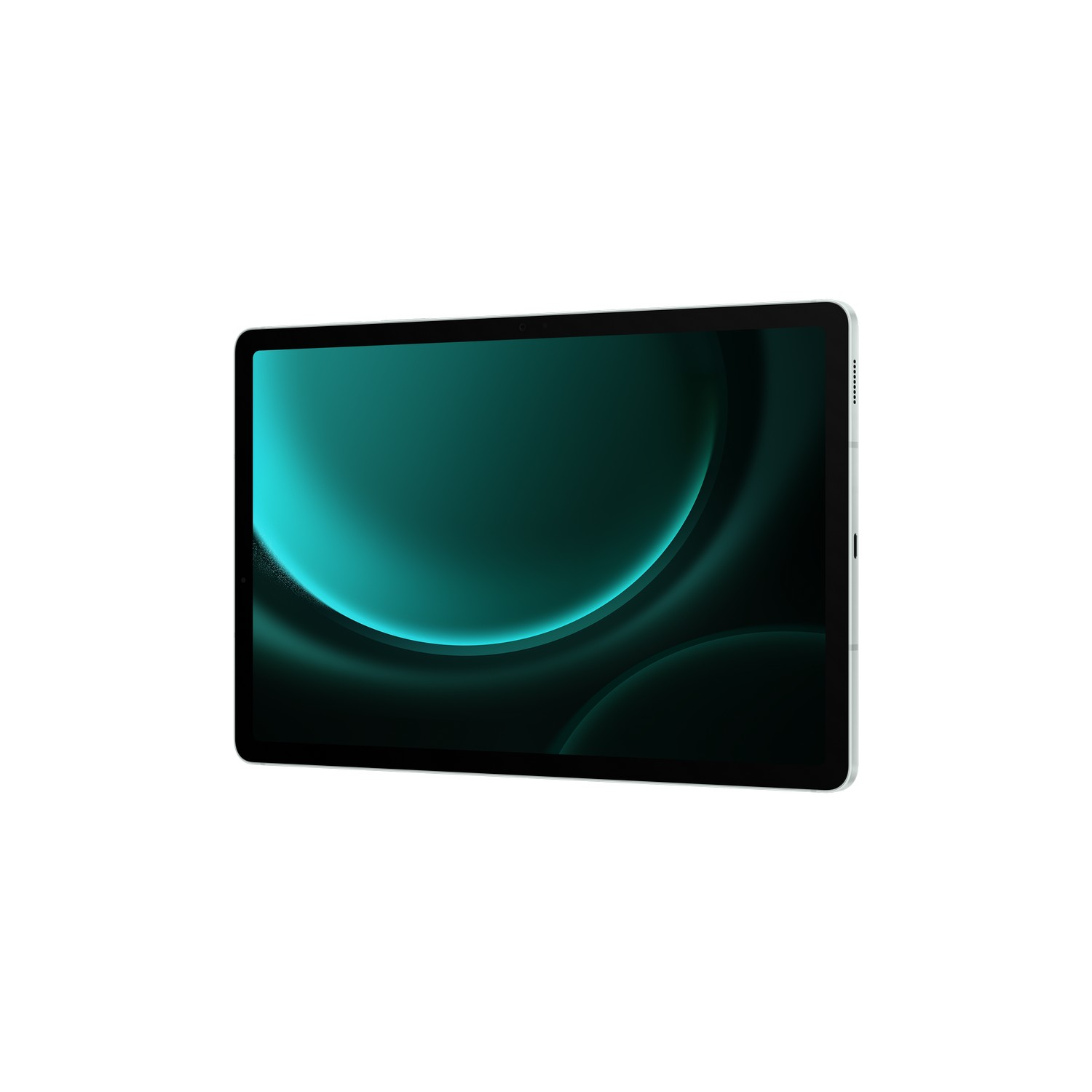 Une tablette avec un cadre noir affiche un fond dégradé vert d'eau avec deux points lumineux circulaires.