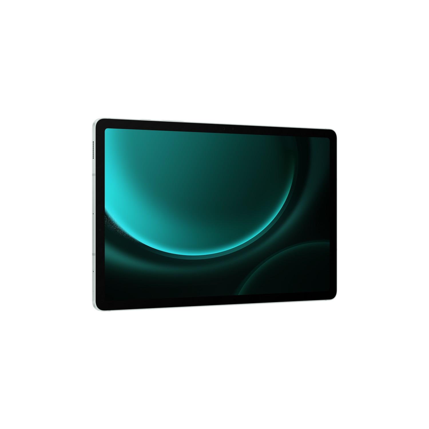 Tablette en position horizontale avec un écran affichant un design dégradé turquoise.