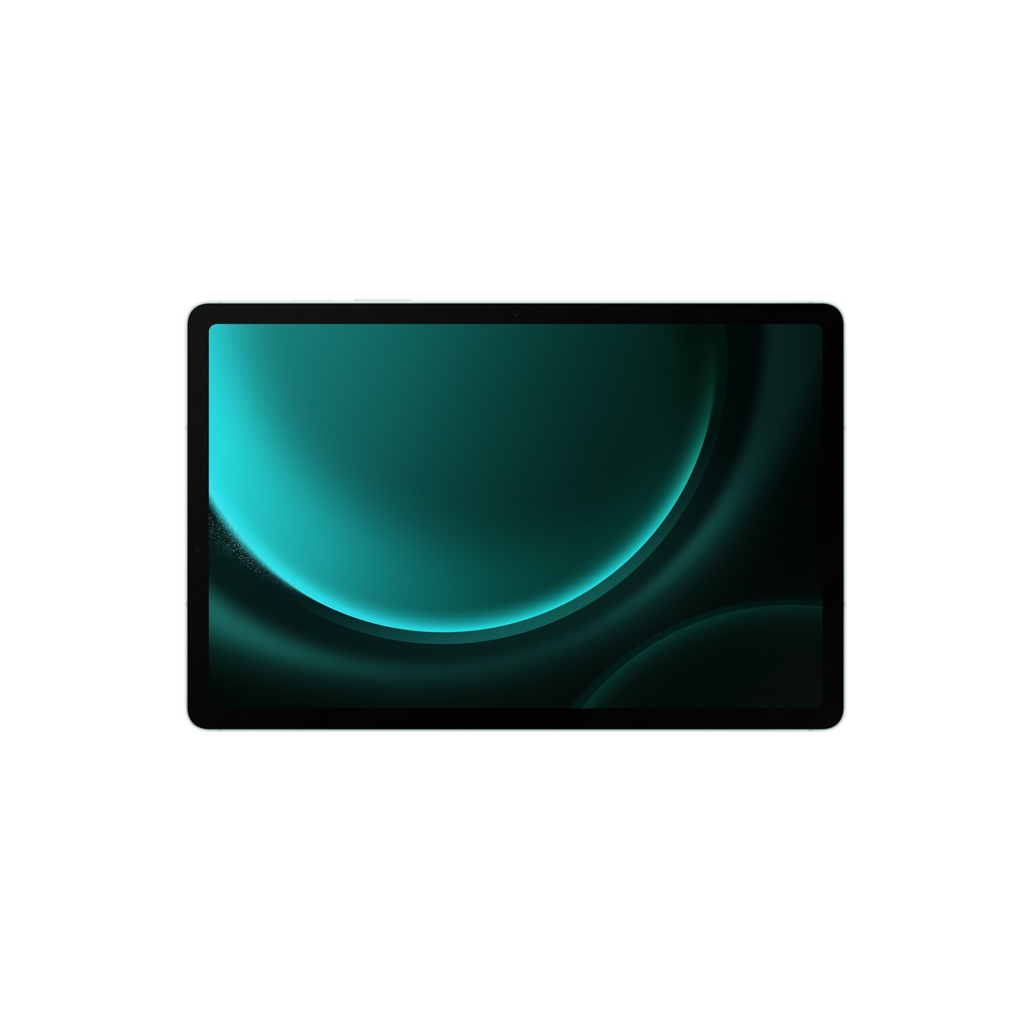 Une tablette rectangulaire avec un écran vert et noir affichant un design abstrait flou.