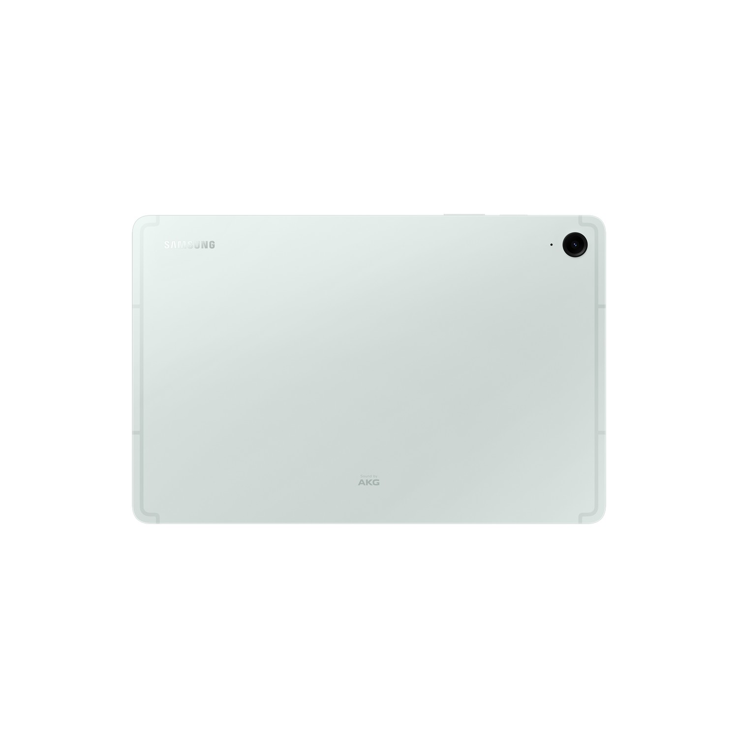 Une tablette vert clair avec une caméra arrière et les logos Samsung et AKG.