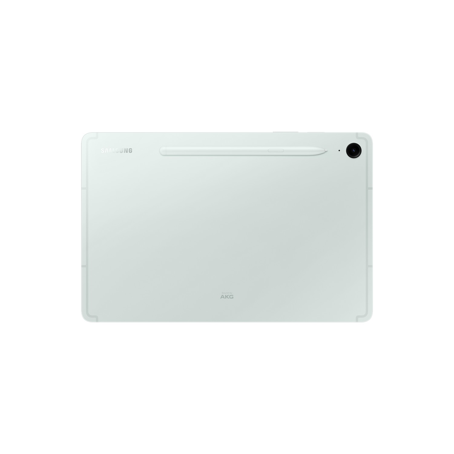 Dos d'une tablette vert clair avec un stylet et une caméra. Logo Samsung en haut.