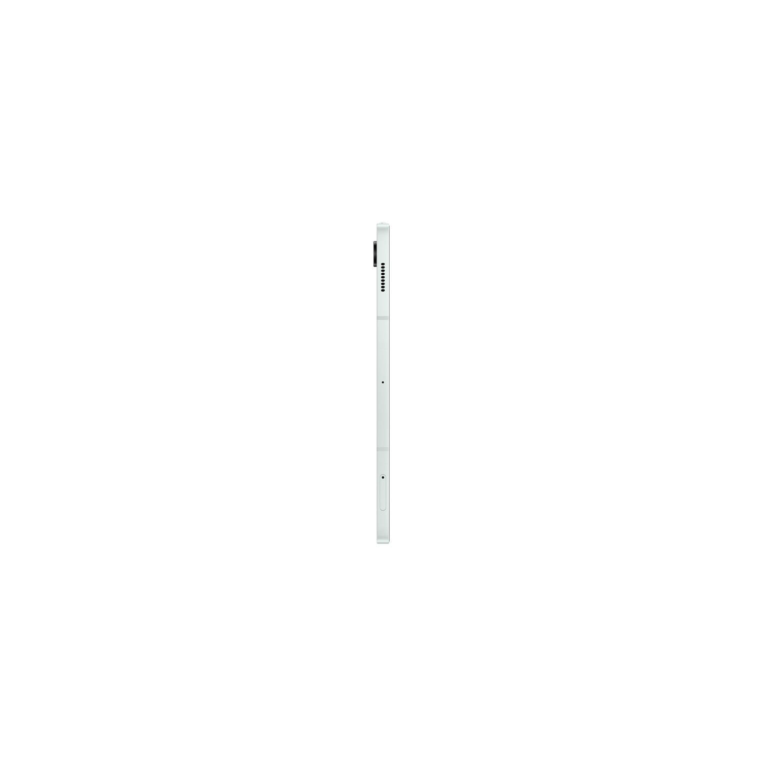 Vue latérale de la tablette avec caméra verte. Surface et fond blancs. Design fin.