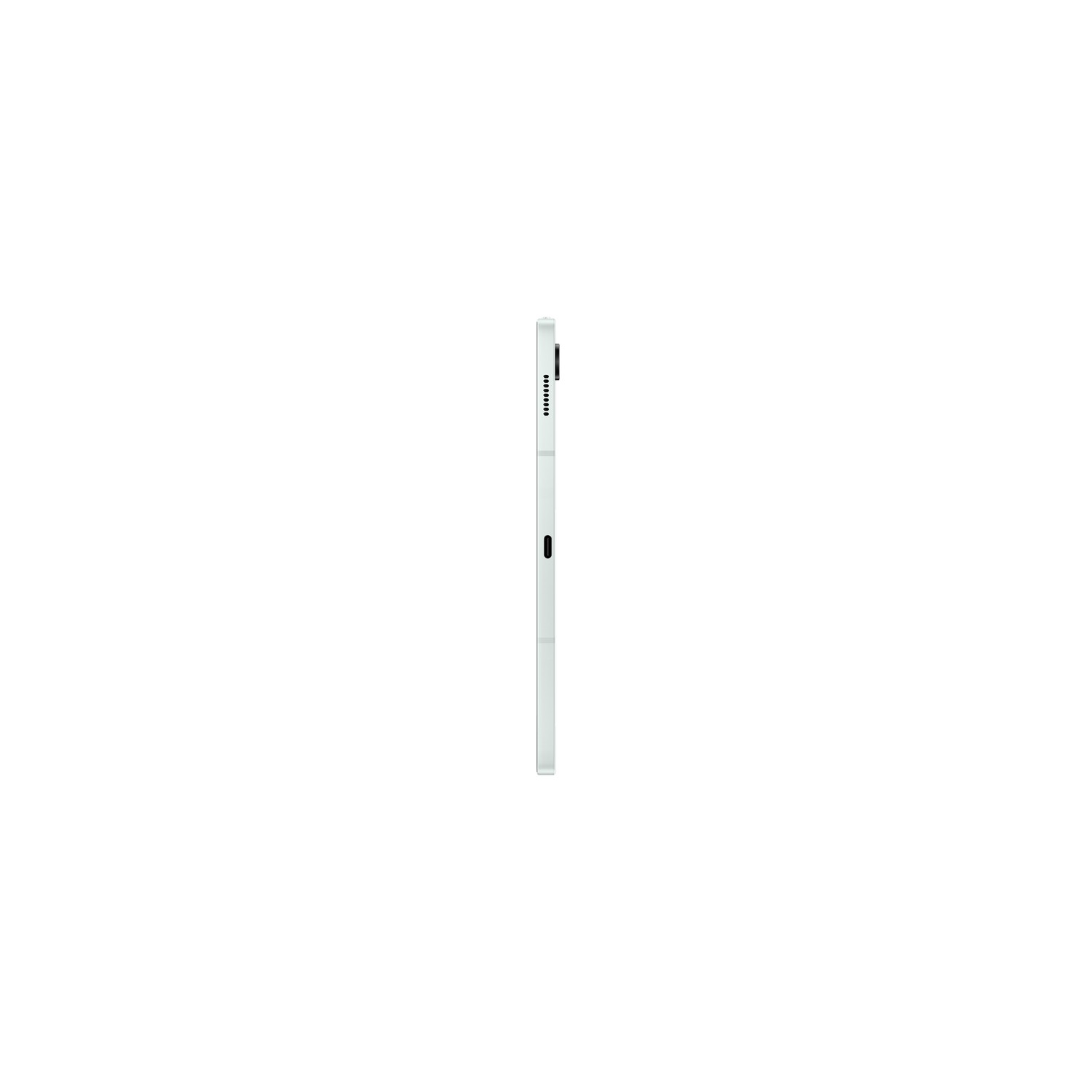 Une tablette blanche, vue de côté, sur fond blanc.