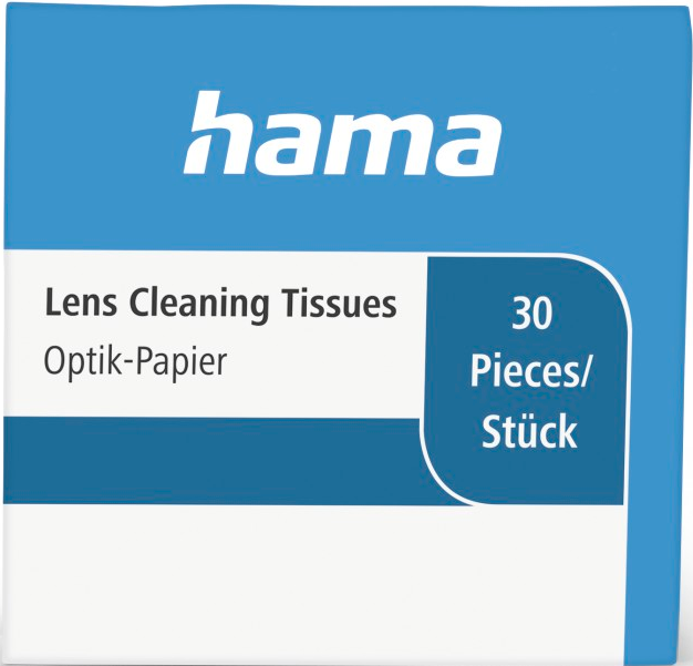 Eine Schachtel mit Linsen-Reinigungstüchern mit dem Markennamen 'hama' in Blau.