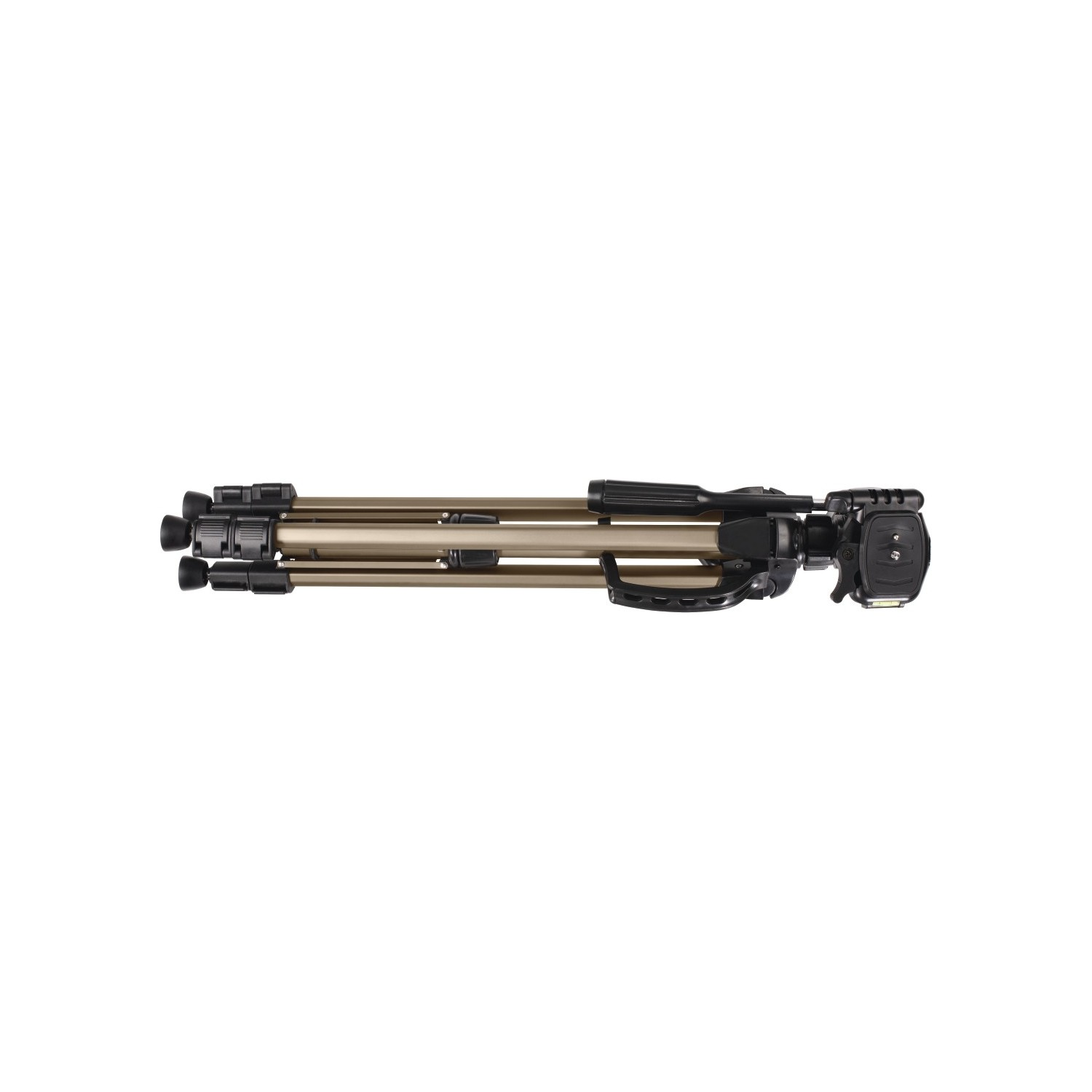 Altın renkli bir tripod, tamamen uzatılmış, beyaz bir yüzey üzerinde yatay olarak duruyor.