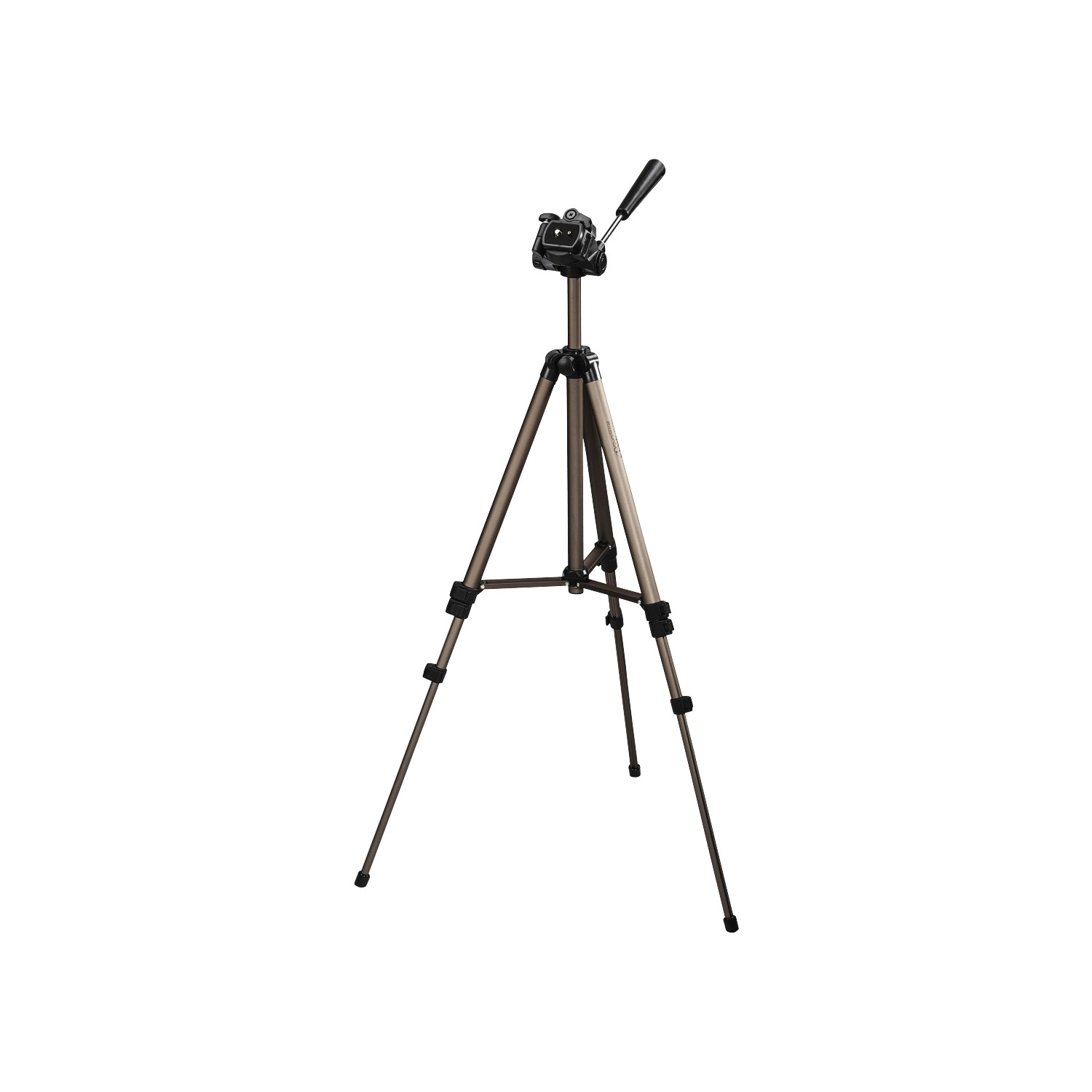 Beyaz bir arka plan üzerinde, kamera yuvası olan kahverengi ve gümüş bir tripod.