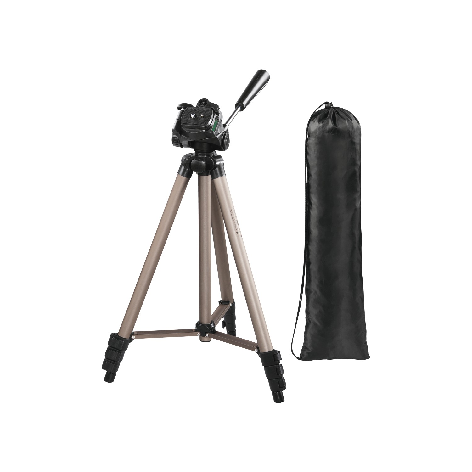 Beyaz zemin üzerinde taşıma çantası ile tripod.