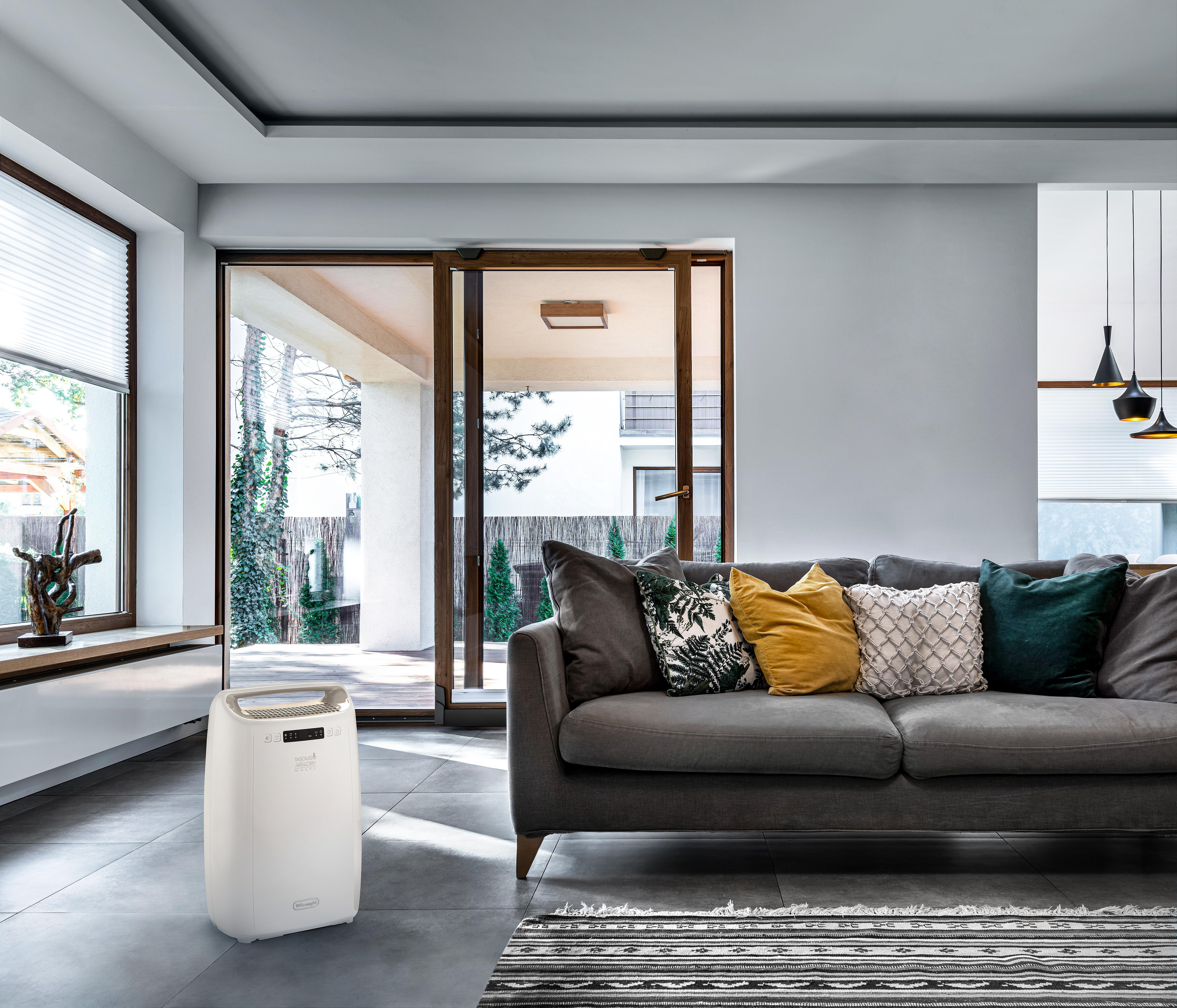 Wohnzimmer mit weißem Luftreiniger, grauem Sofa mit Kissen und Fenster.