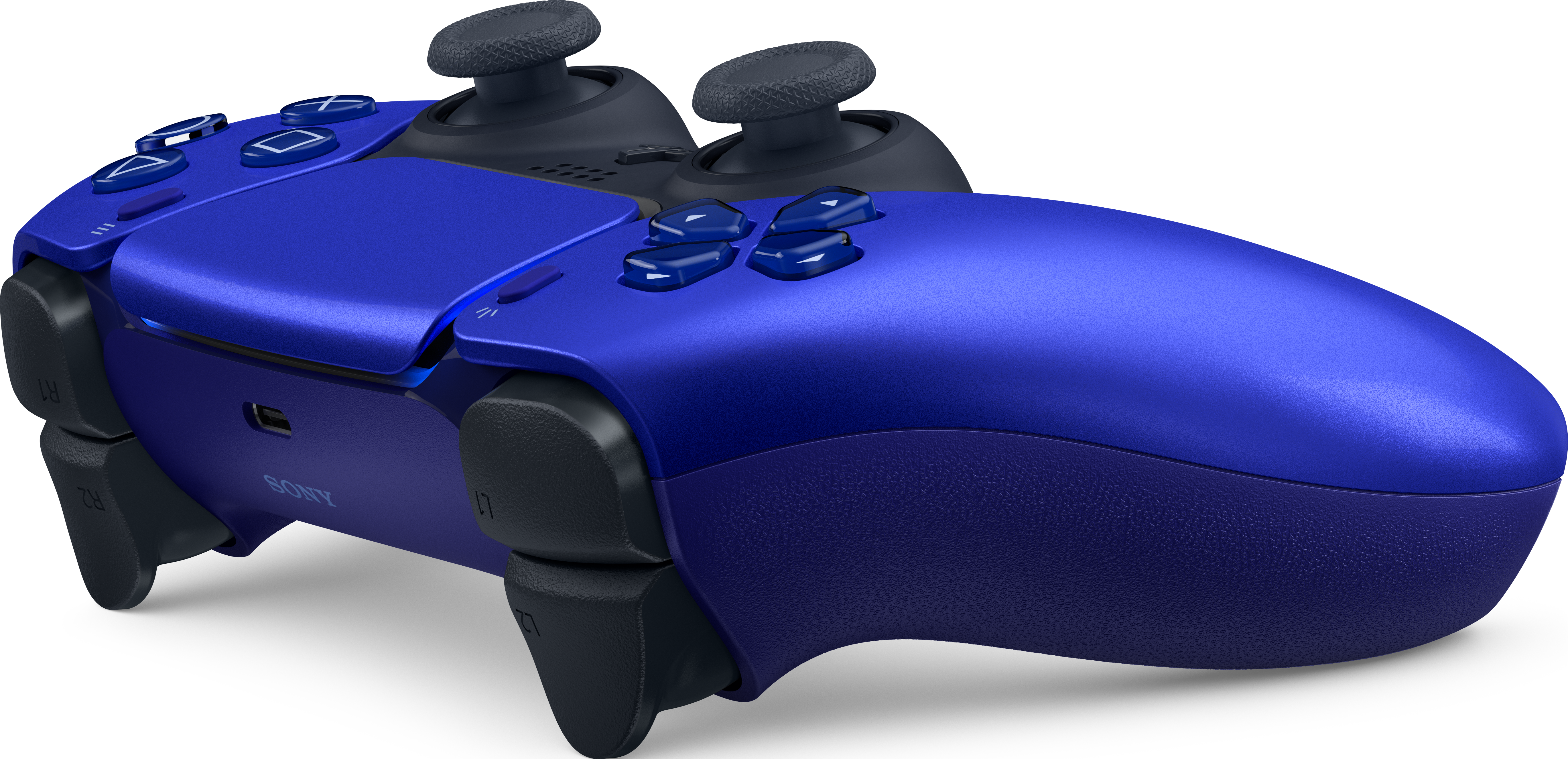 Manette de jeu bleue avec boutons et joysticks. 'SONY' est visible.