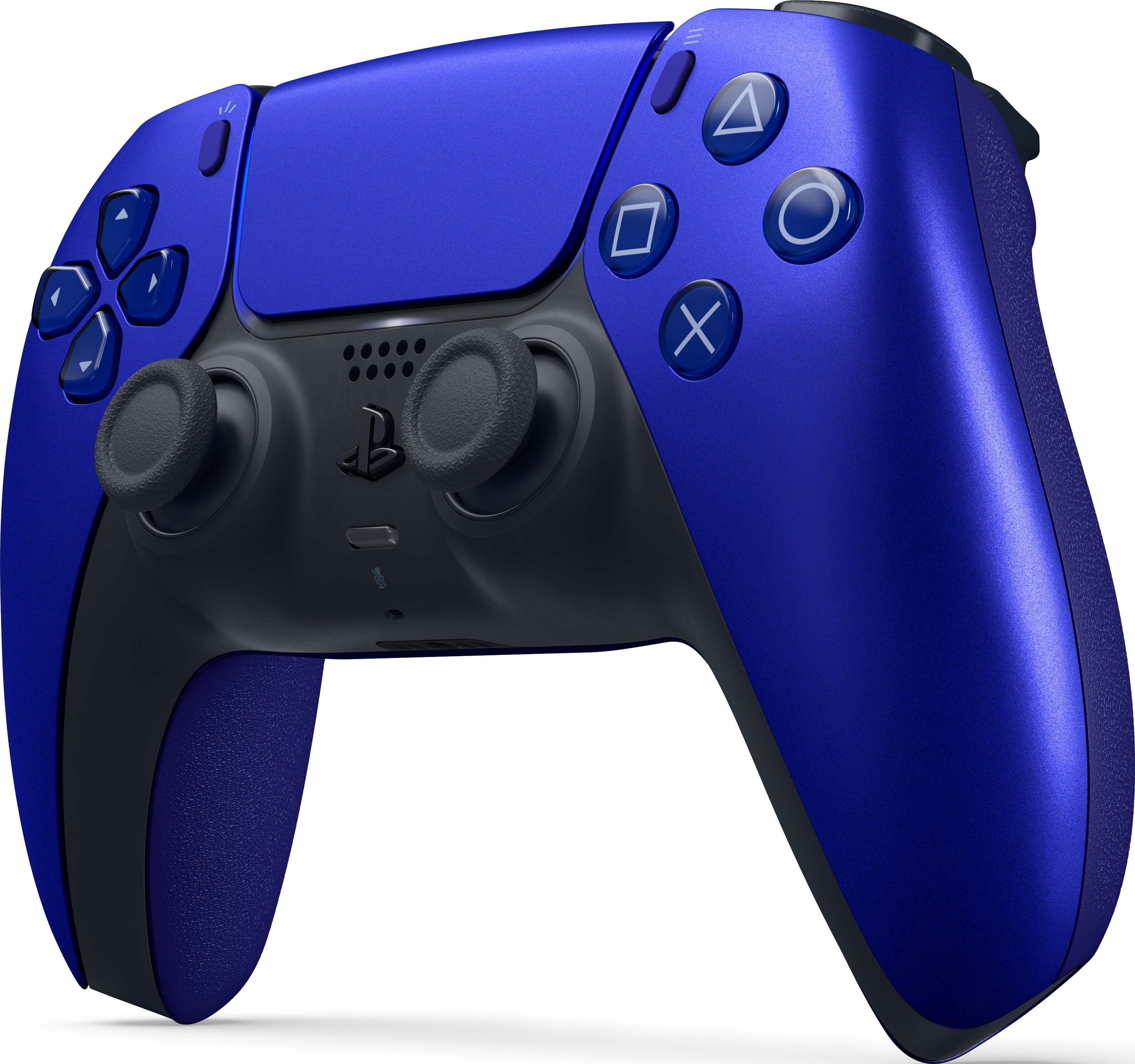 Une manette PS5 bleue avec boutons et joysticks. Fond blanc.