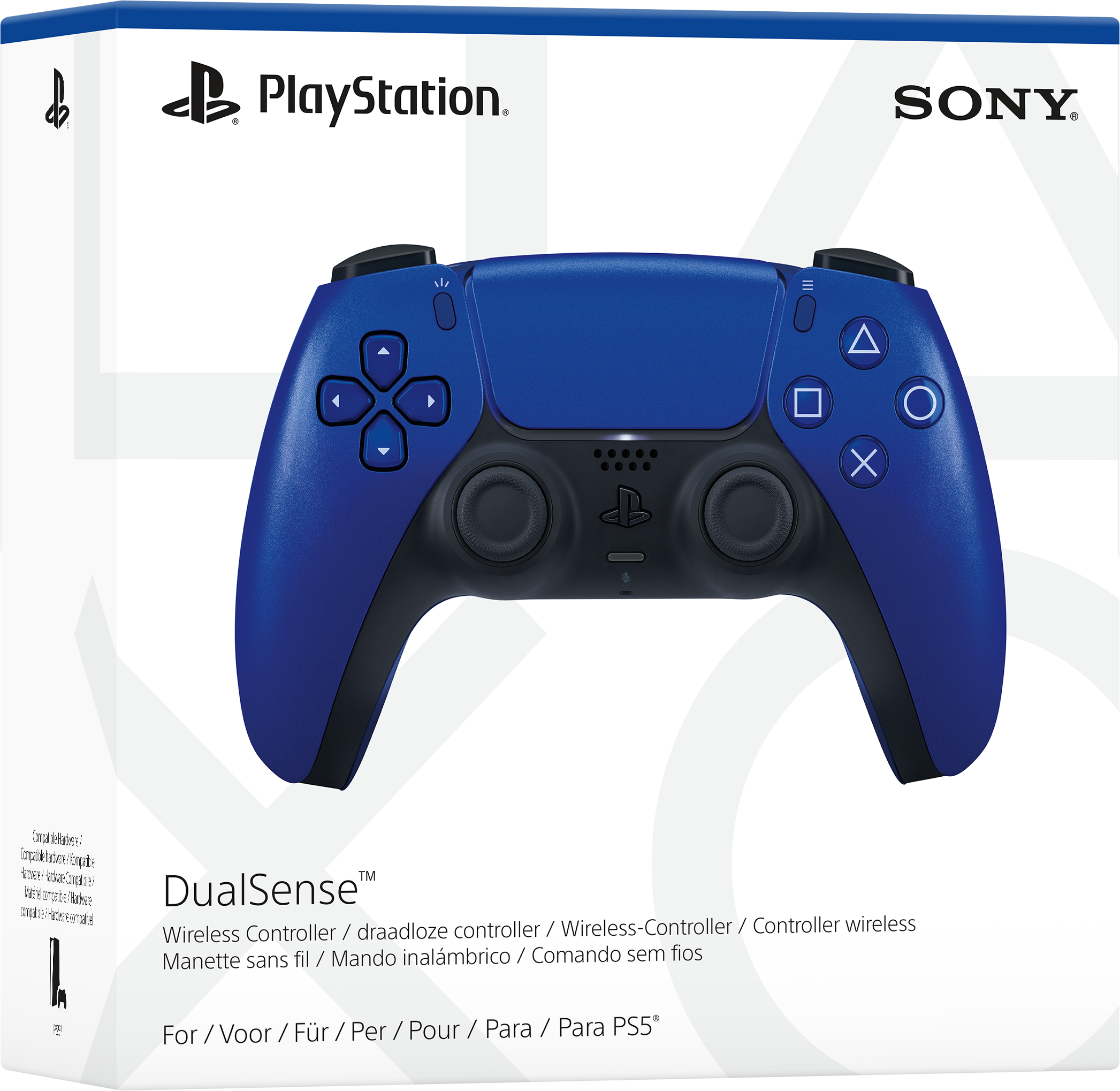 Une manette DualSense PlayStation bleue et noire avec des boutons et une boîte avec des logos.