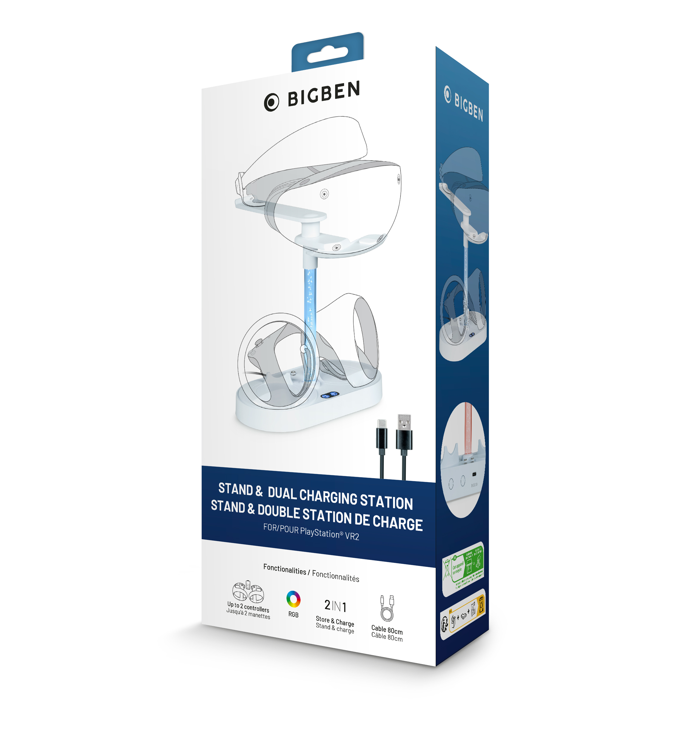 Een witblauwe doos toont een oplaadstation voor VR-headsets. De doos heeft tekst en afbeeldingen.