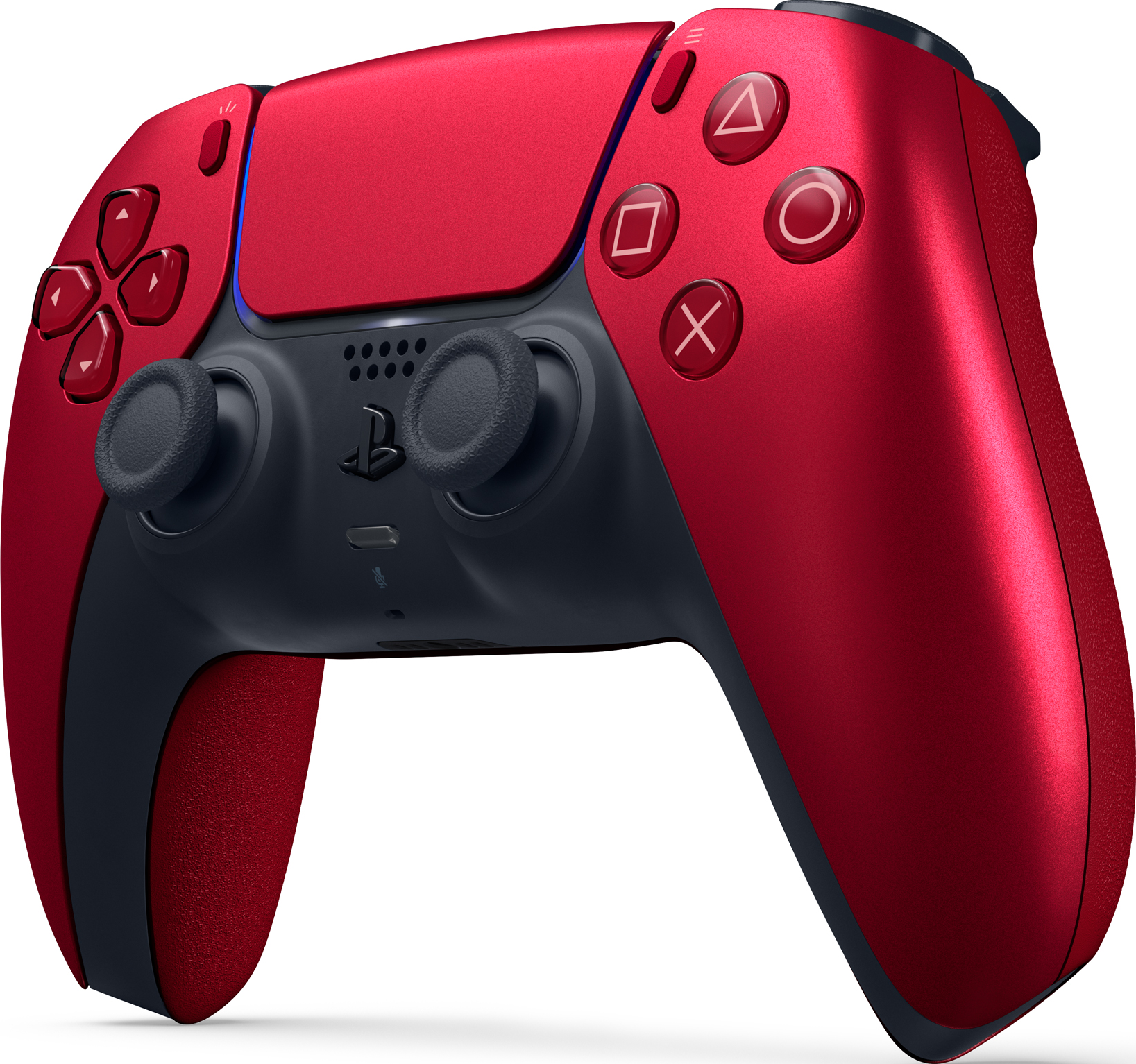 Roter und schwarzer PlayStation 5 Controller mit Knöpfen und Joysticks, isoliert auf Weiß.