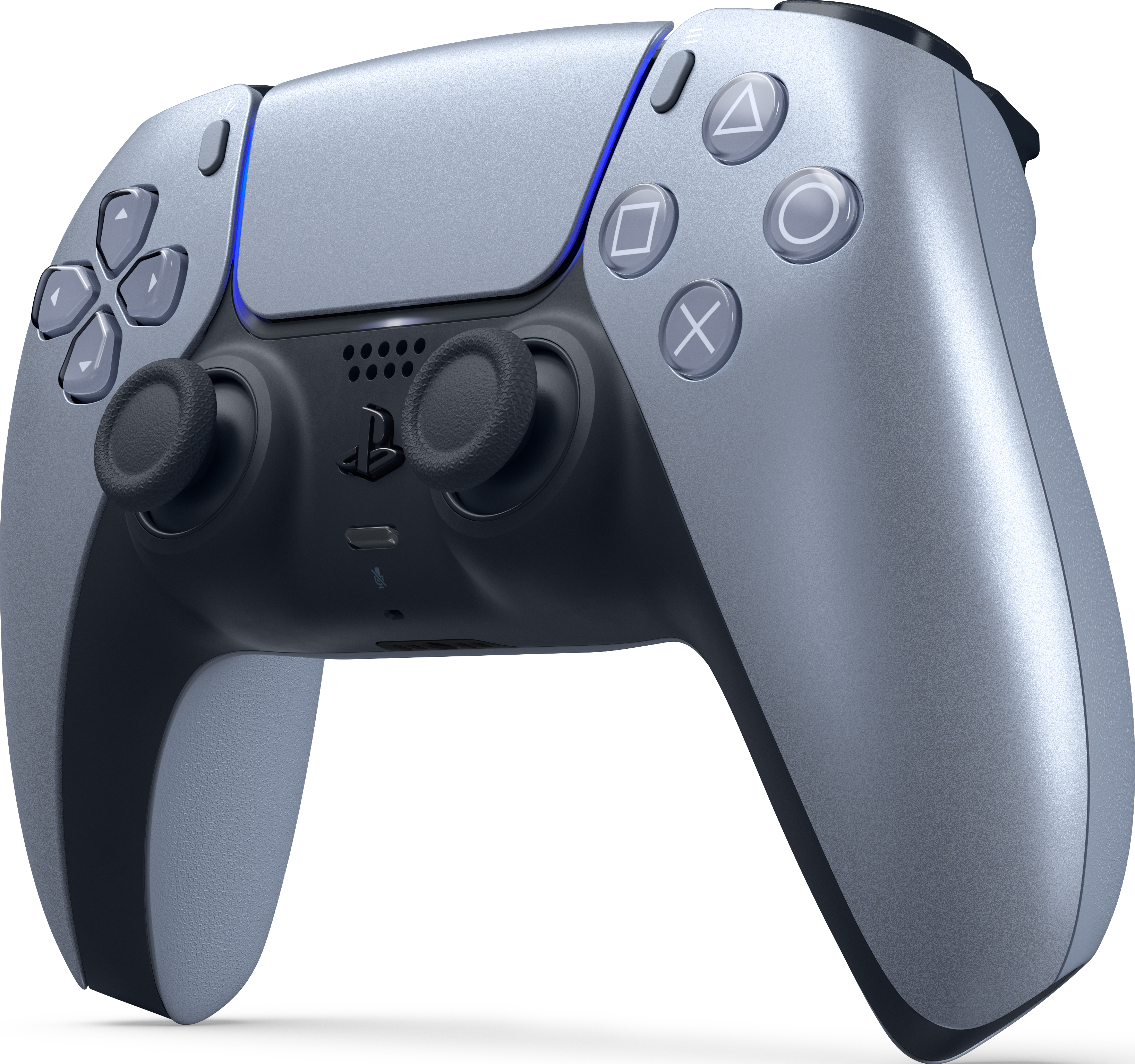 Une manette argent et noire PlayStation 5, avec boutons et joysticks.