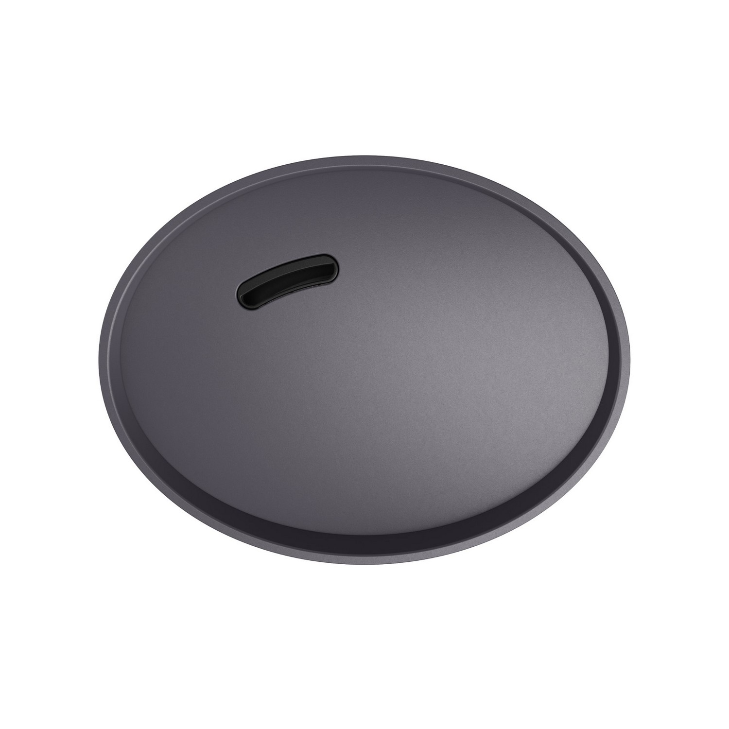 Een ovale, donkergrijze oplaadpad met een zwarte uitsparing voor een apparaat.