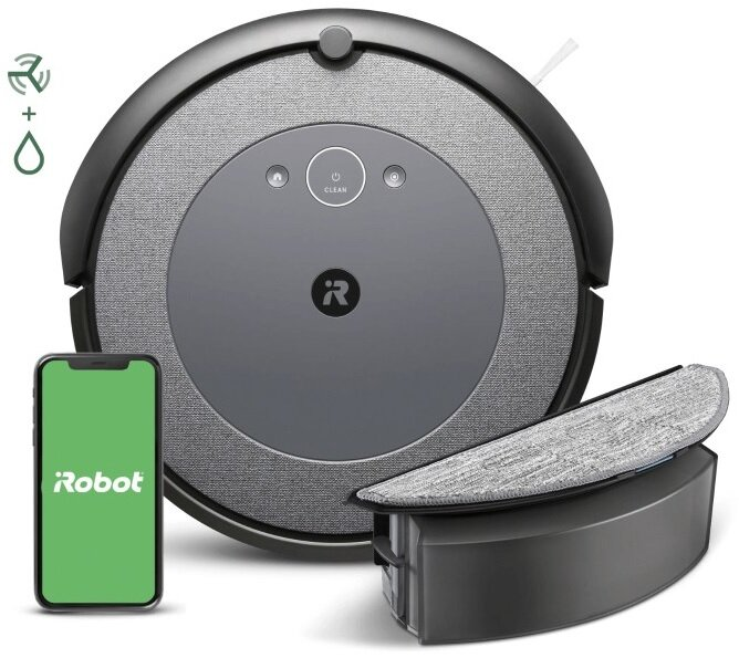 Odkurzacz robot, stacja ładująca i smartfon na białym tle.