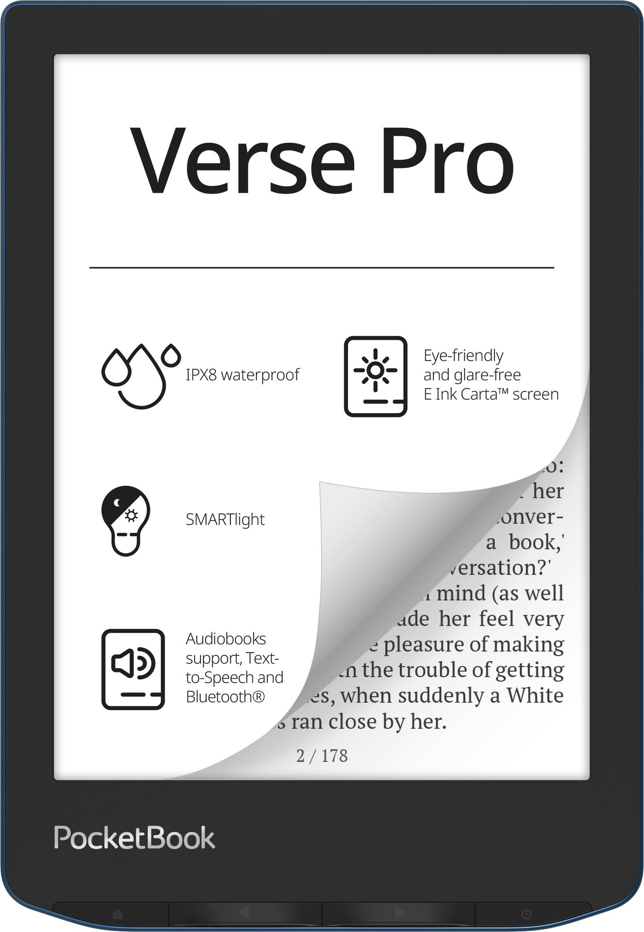 E-Reader mit Text, Symbolen für wasserdicht, blendfreier Bildschirm und Bluetooth. Seitenecke gefaltet.