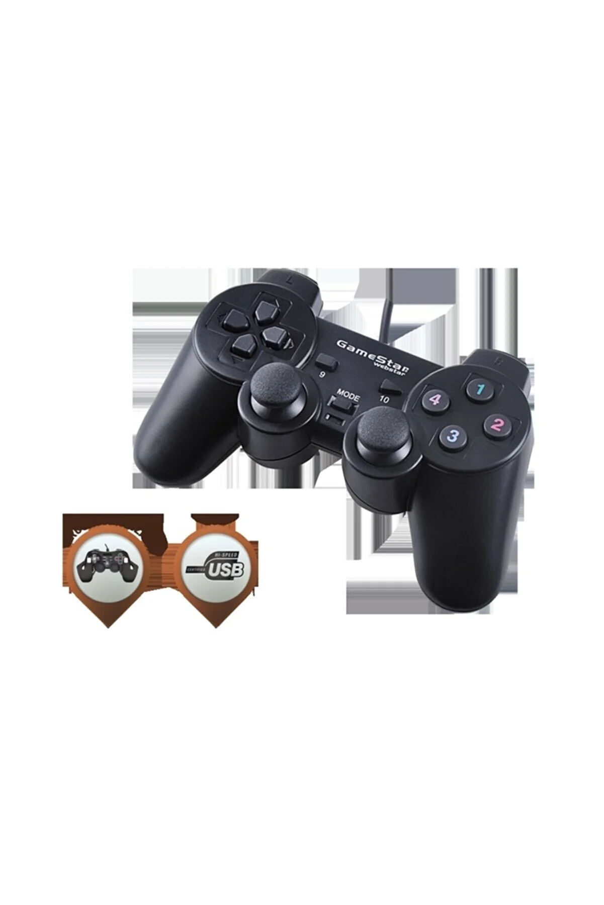 Düğmeler ve USB simgesi olan siyah GameStat kontrol cihazı.