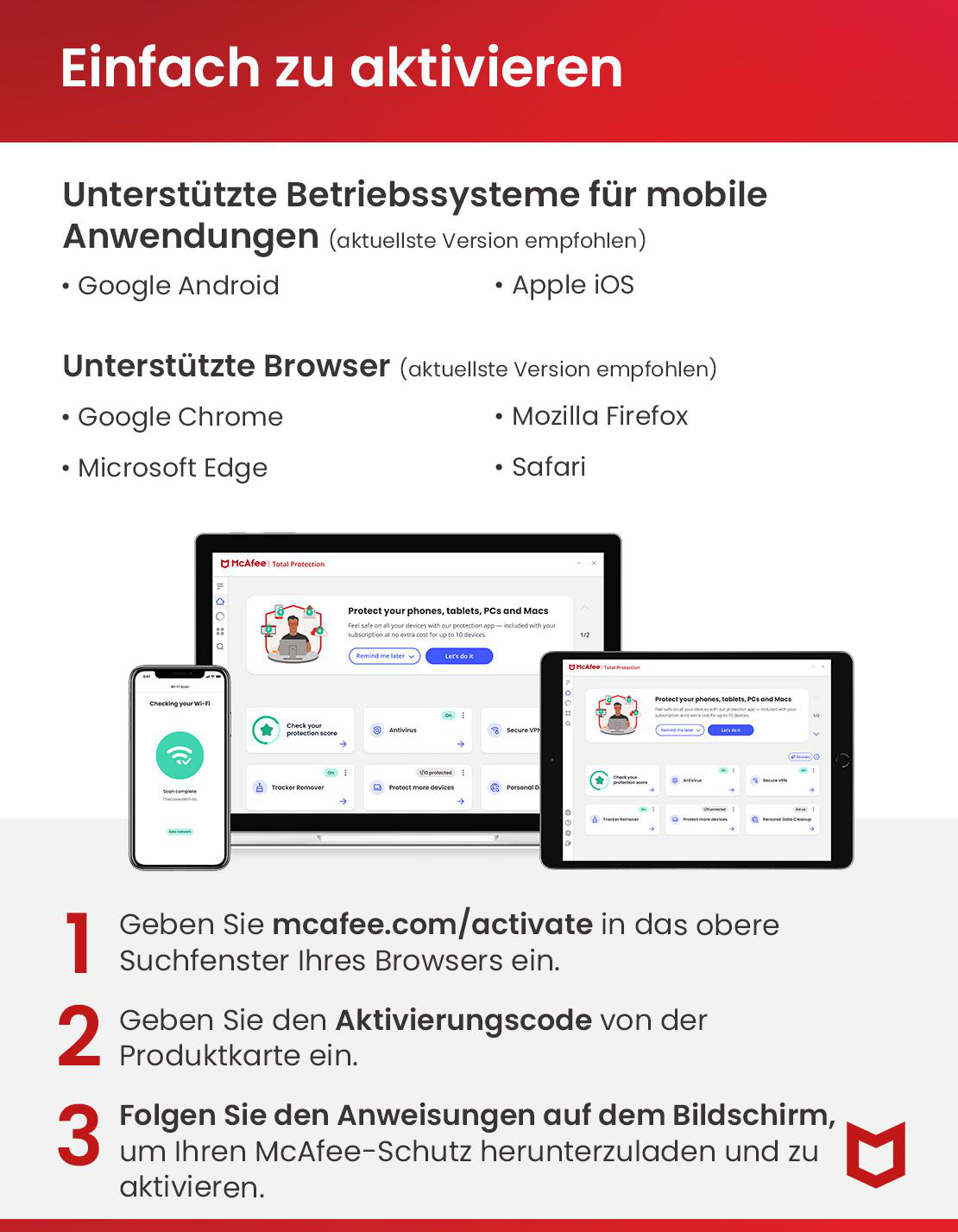 Anweisungen zur Aktivierung von McAfee, Telefon, Tablet und Laptop.