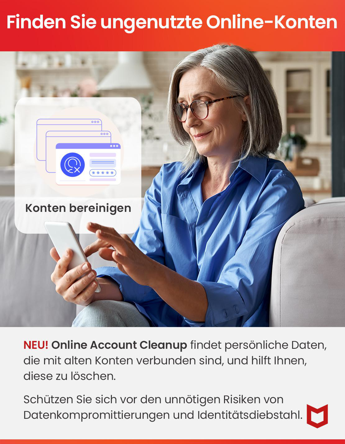 Frau benutzt Telefon mit Text zur Online-Kontenbereinigung.