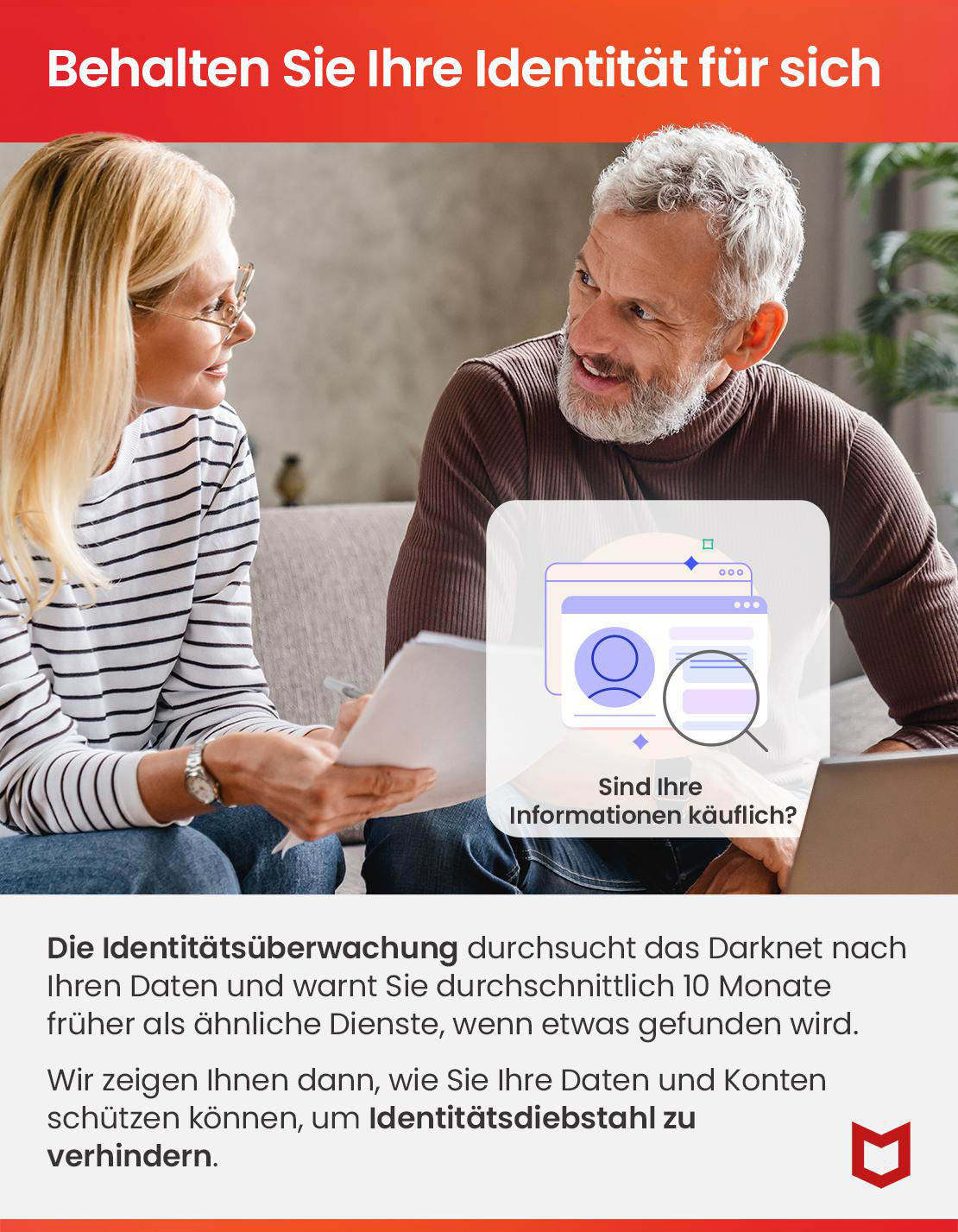Ein Mann und eine Frau diskutieren Identitätsdiebstahl. Grafik zeigt Browserfenster mit Lupe über Gesicht.