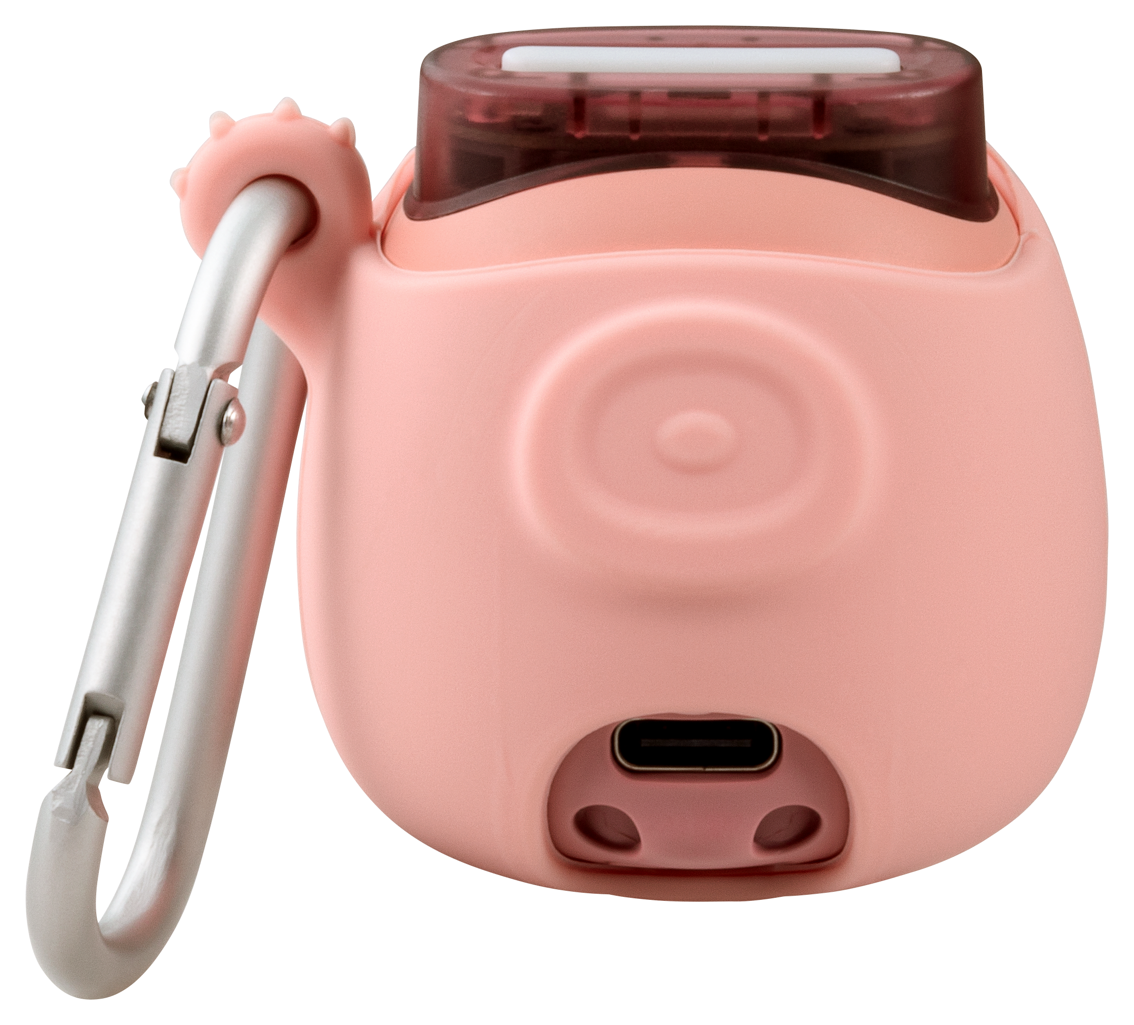 Ein rosa, abgerundetes Gerät mit silbernem Karabiner. Es hat einen USB-C-Anschluss.
