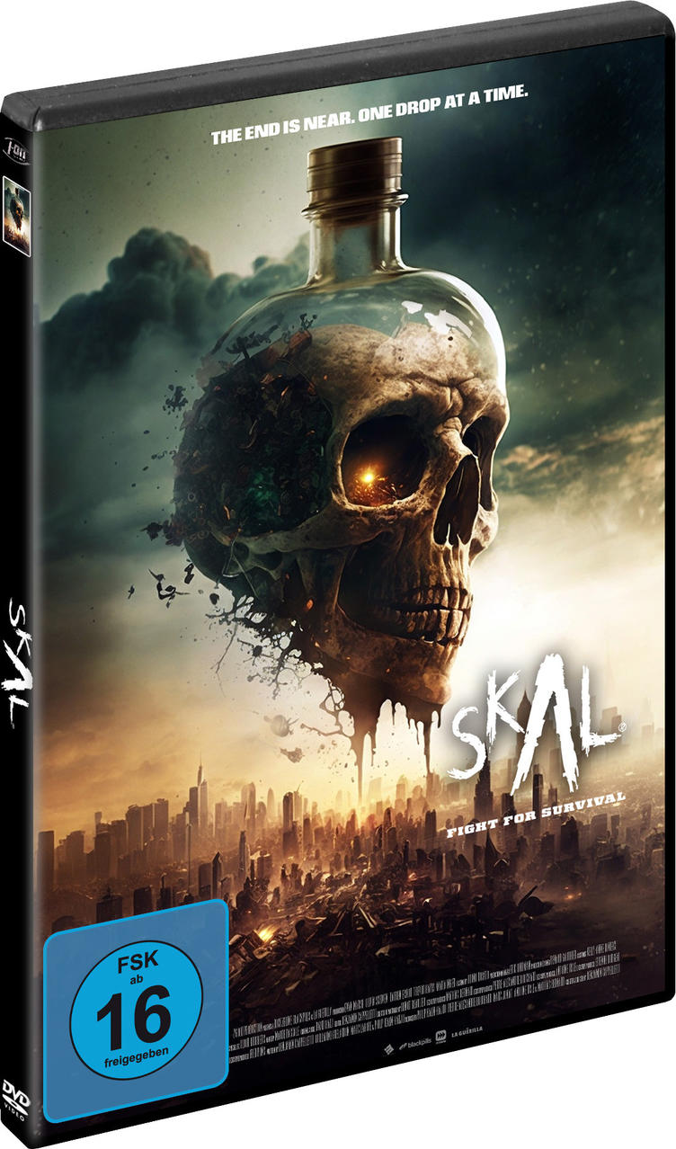 DVD-Hülle mit einem Schädel in einer Flasche über einer Stadt.