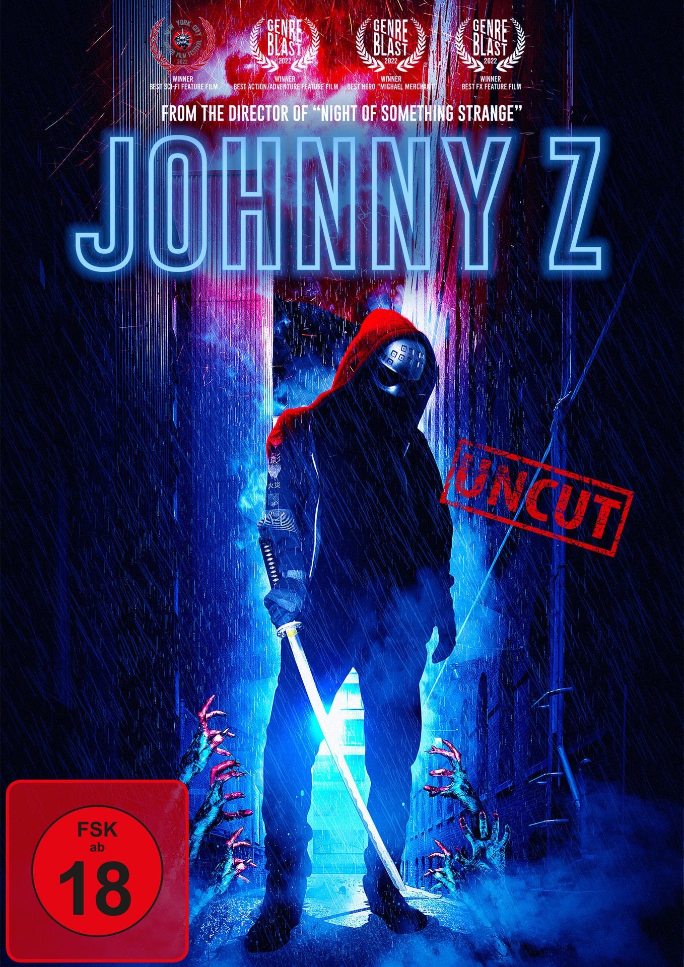Filmposter. Eine Kapuzenfigur mit Schwert steht im Regen, Titel 'Johnny Z'.