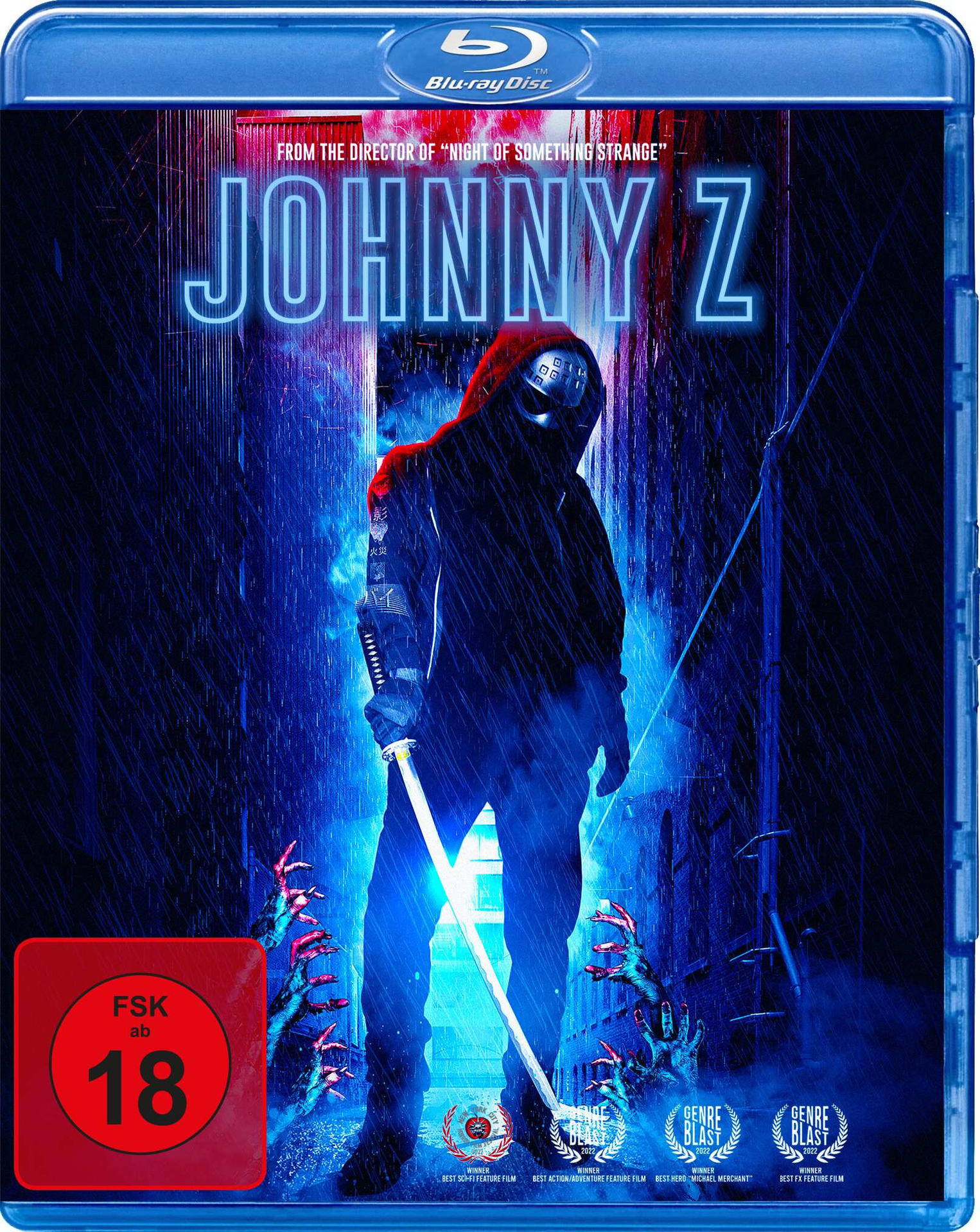 Blu-ray-Cover von „Johnny Z“, ein Mann mit Kapuze, der ein Schwert in einer blau beleuchteten Gasse hält.