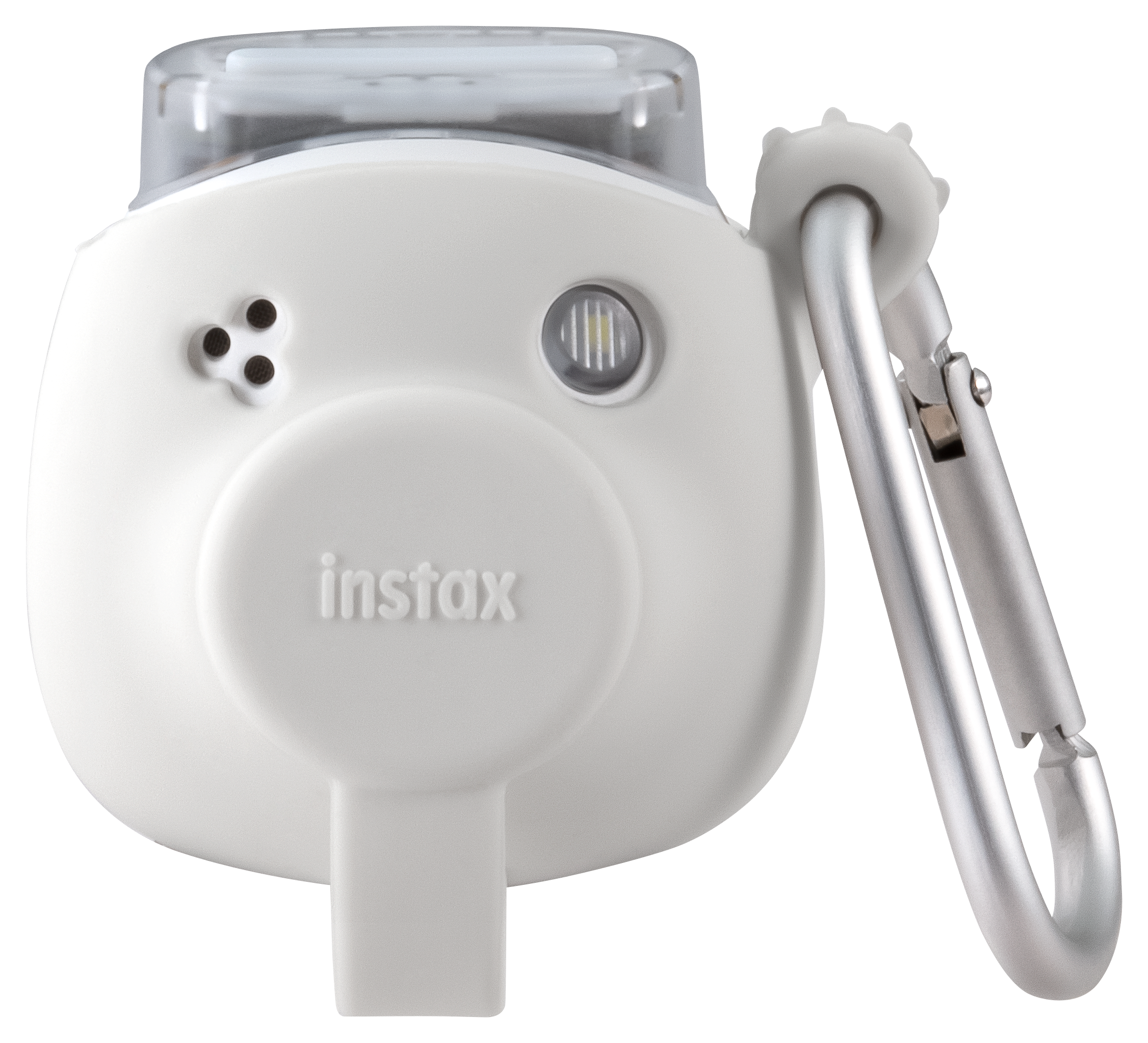 Weiße Instax-Kamera mit Linse, Blitz und Gurtbefestigung.