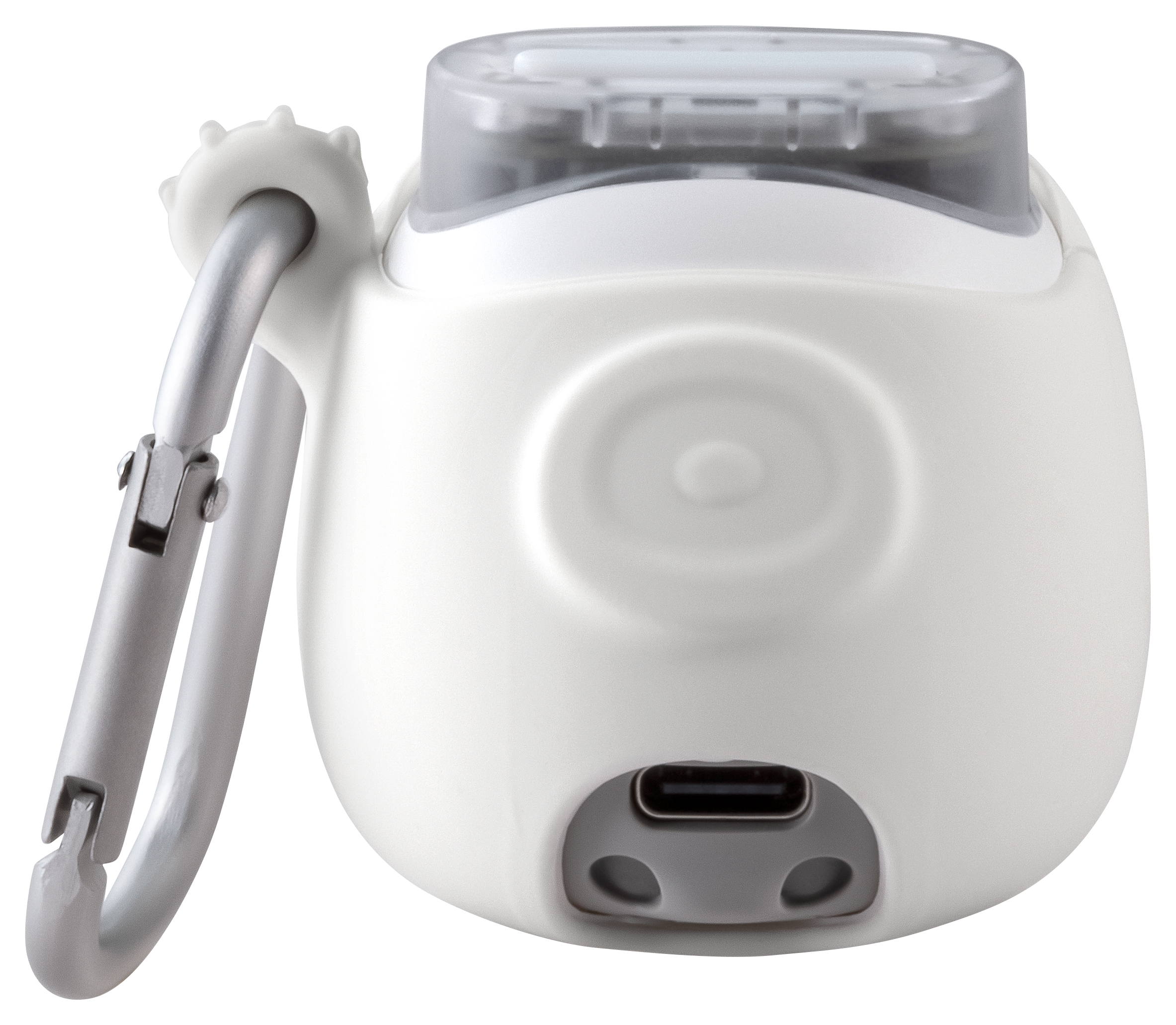 Eine weiße, abgerundete Instax-Kameratasche mit Karabiner und Ladeanschluss.